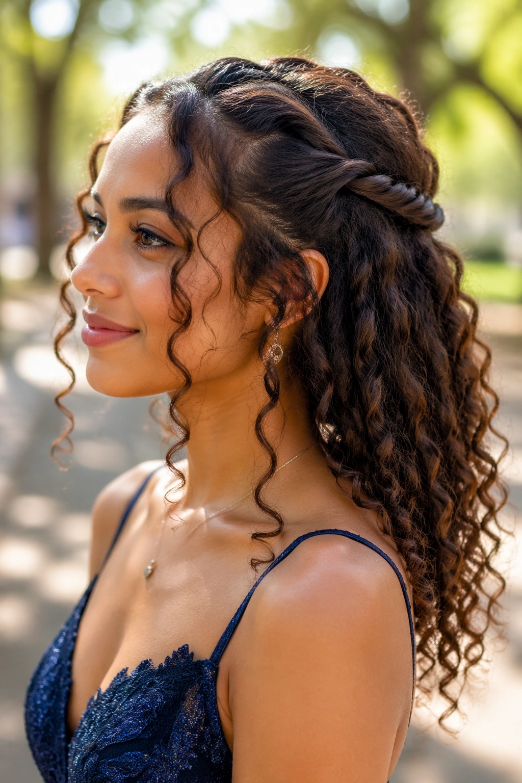 Real woman with rope twists half-up and curl tendrils outdoors in a park