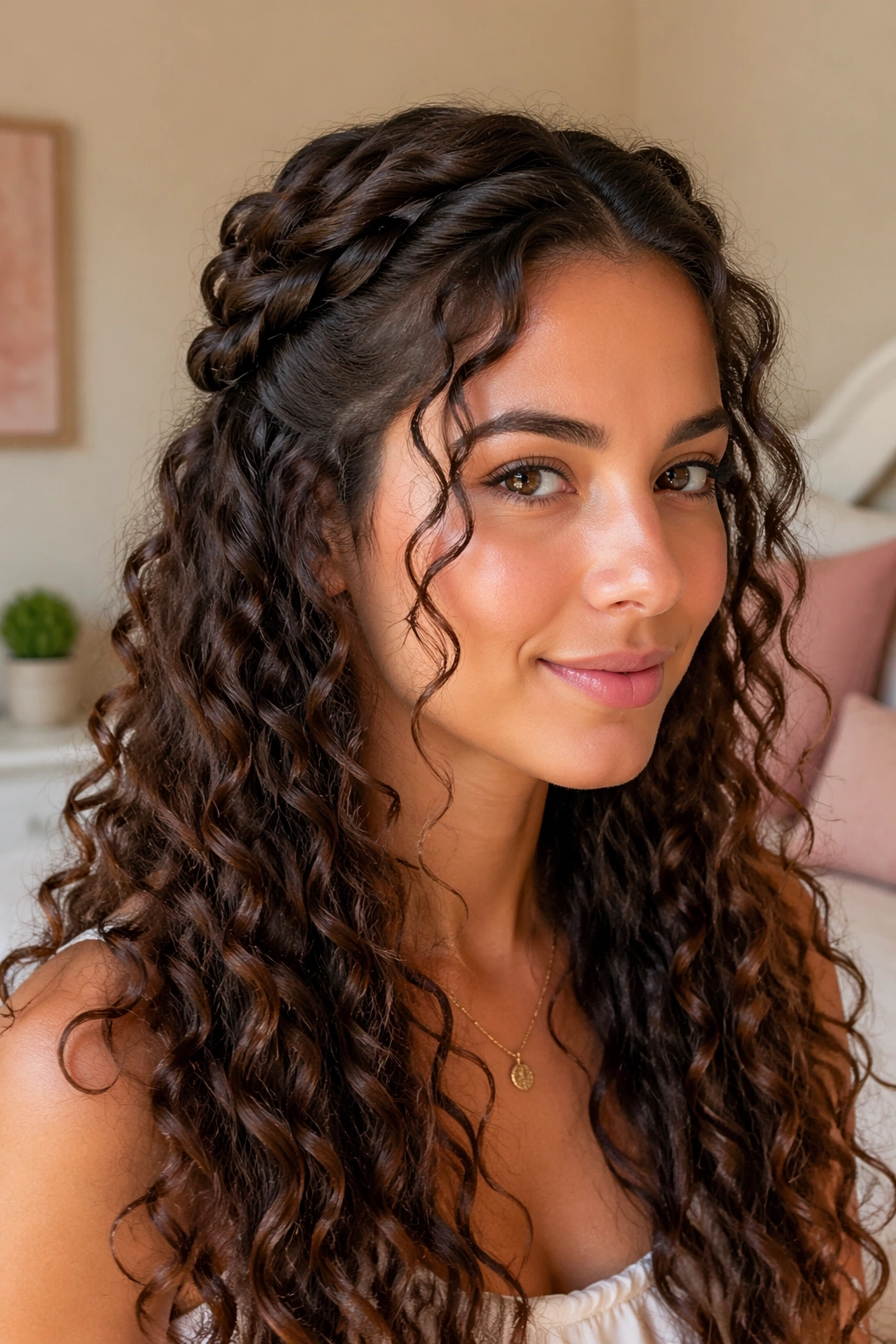 Close-up of a real woman showing rope twists pulled back and joined at the center for a half-up look.