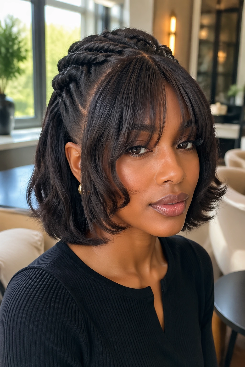 Close-up portrait of a real Black woman with rope-twist half-up and curved fringe in natural light.