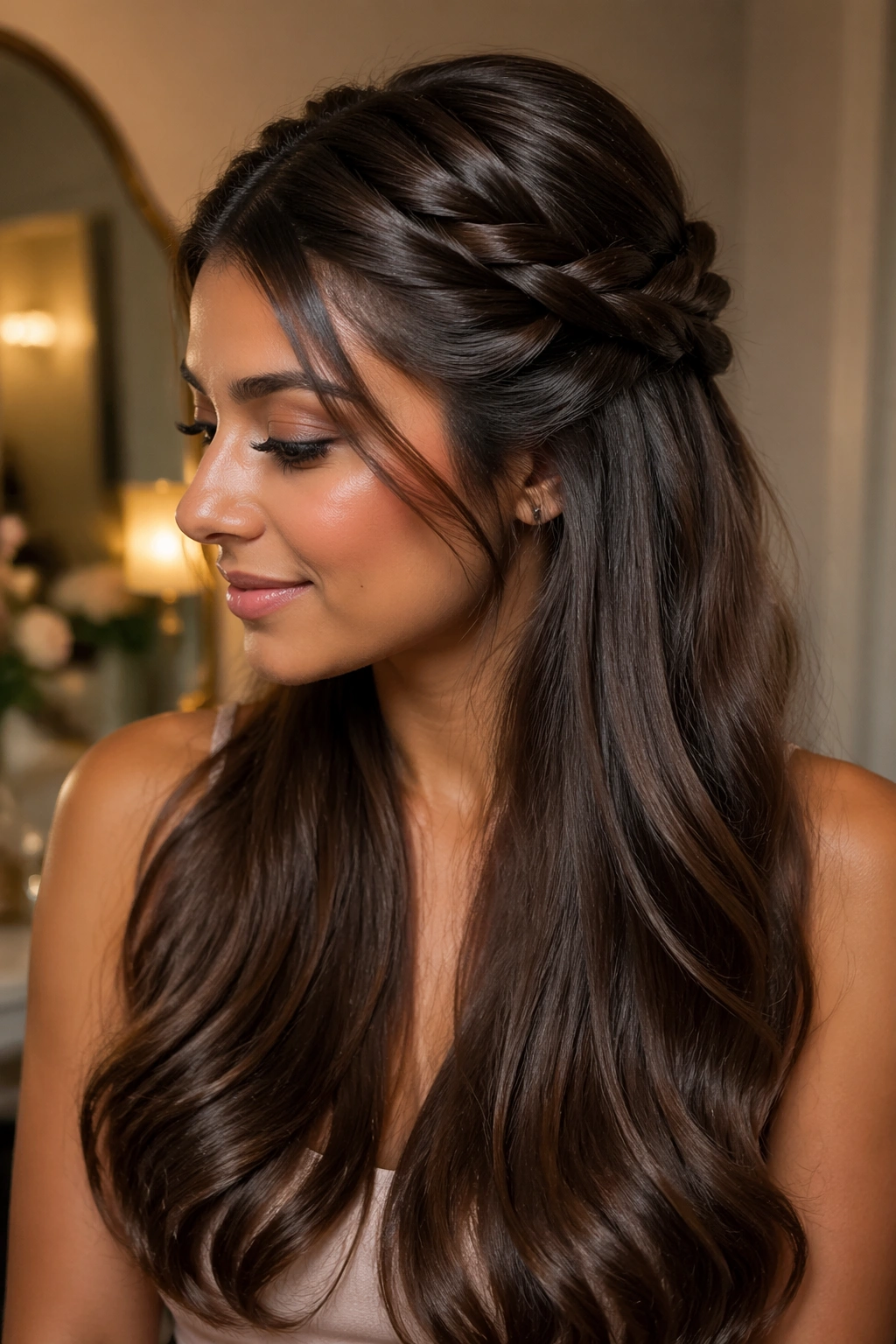 Close-up of rope twist half-up with glossy ends on a real person in a dressing room
