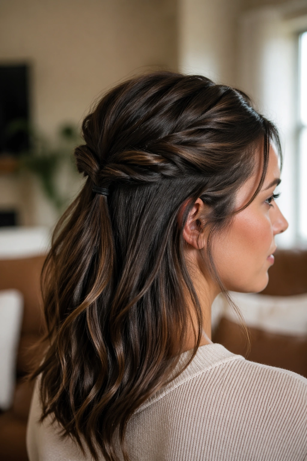 Close-up portrait of a real person with a rope-twist half up ponytail secured with a small elastic