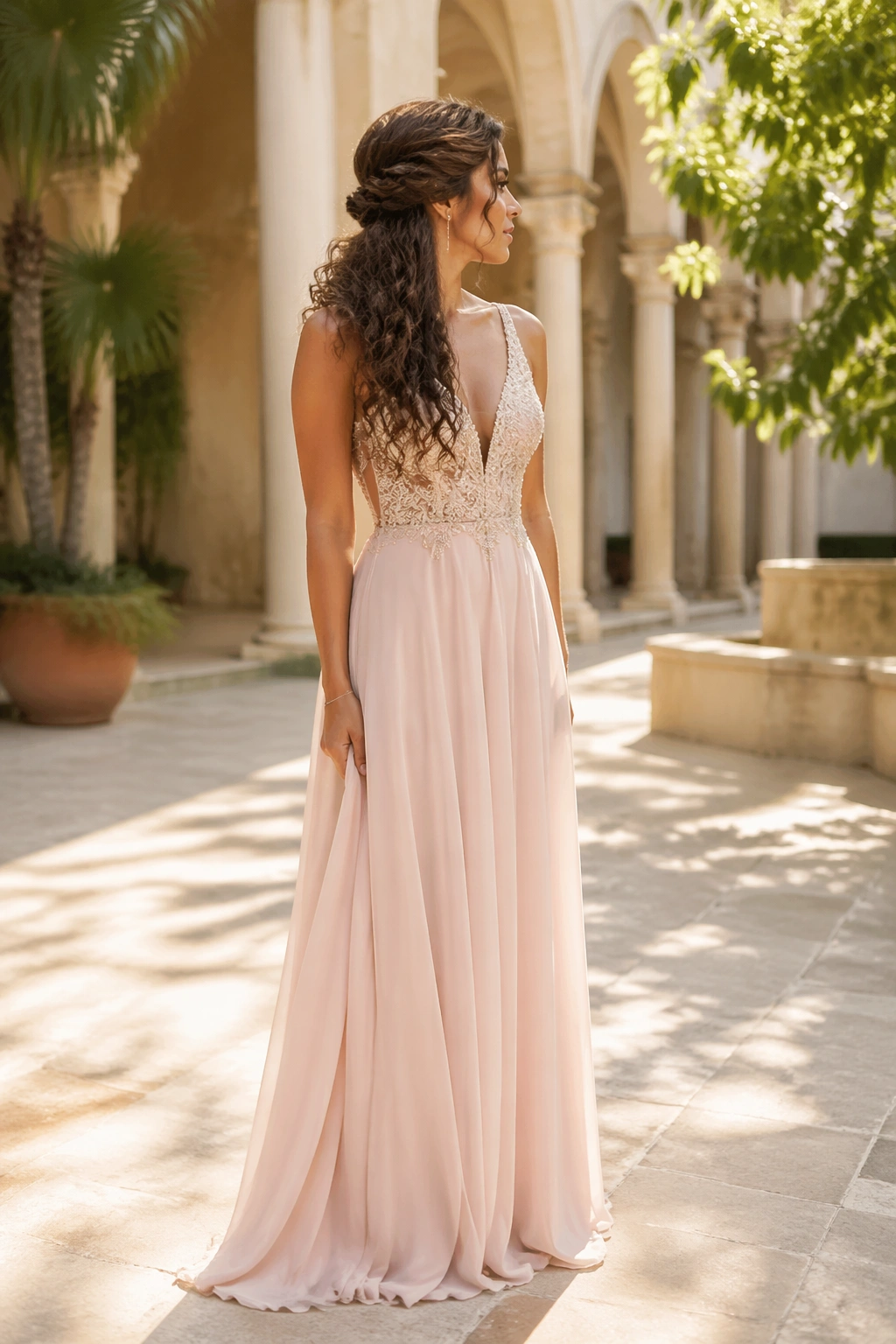 Hero outdoor shot of side-swept rope twist half-up with gown.