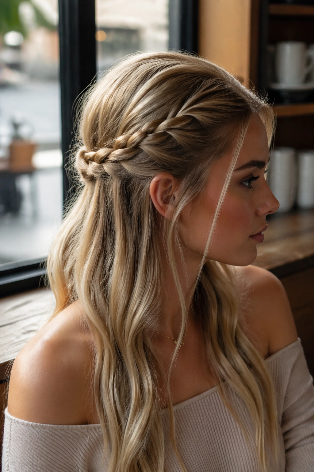 Close-up of a real woman with rope twists forming a soft-volume half-up