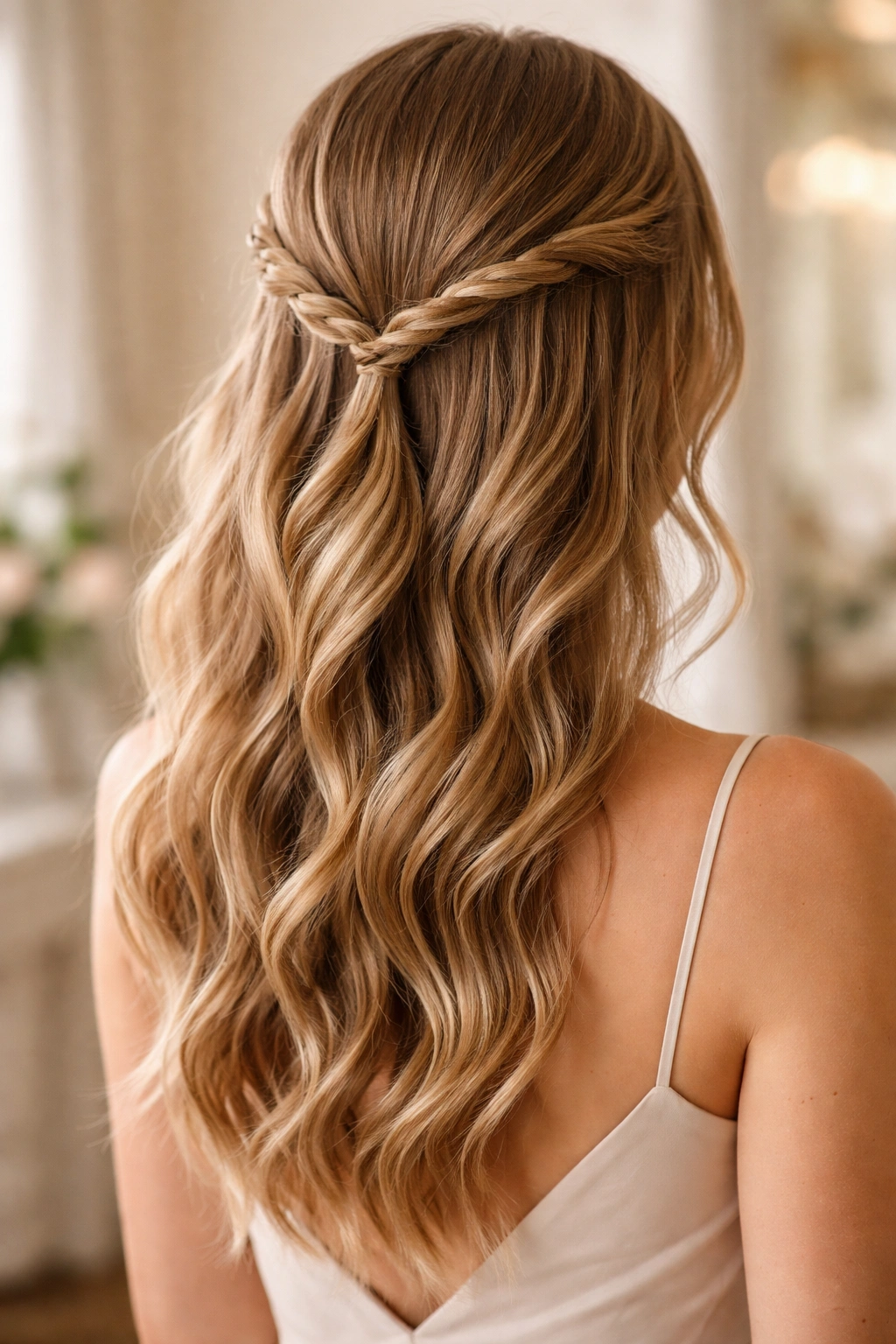 Close-up of rope-twist half-up on a real woman with crown twists and flowing waves