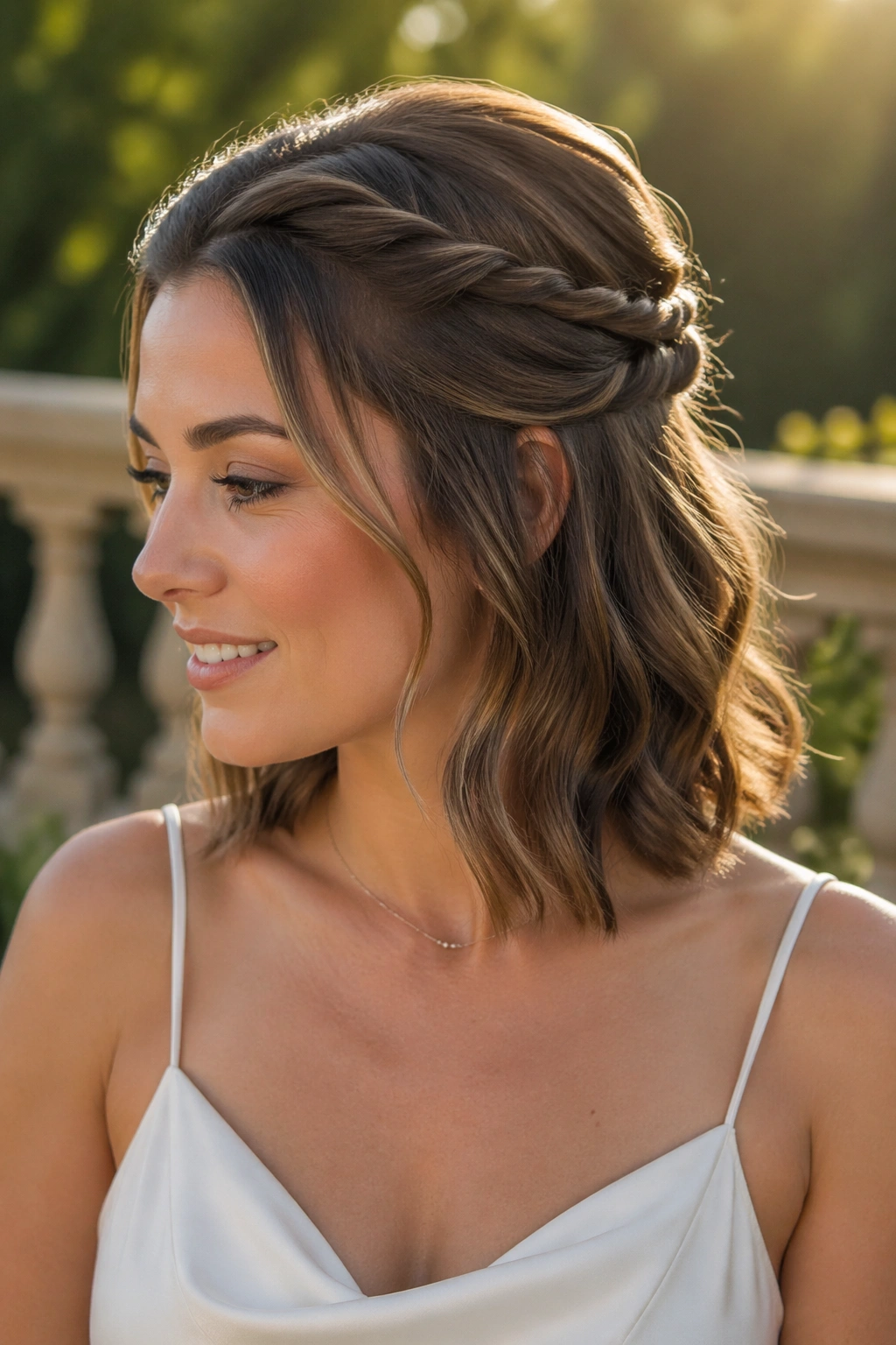 Close-up of a real woman with rope twist half-up and bouncy ends