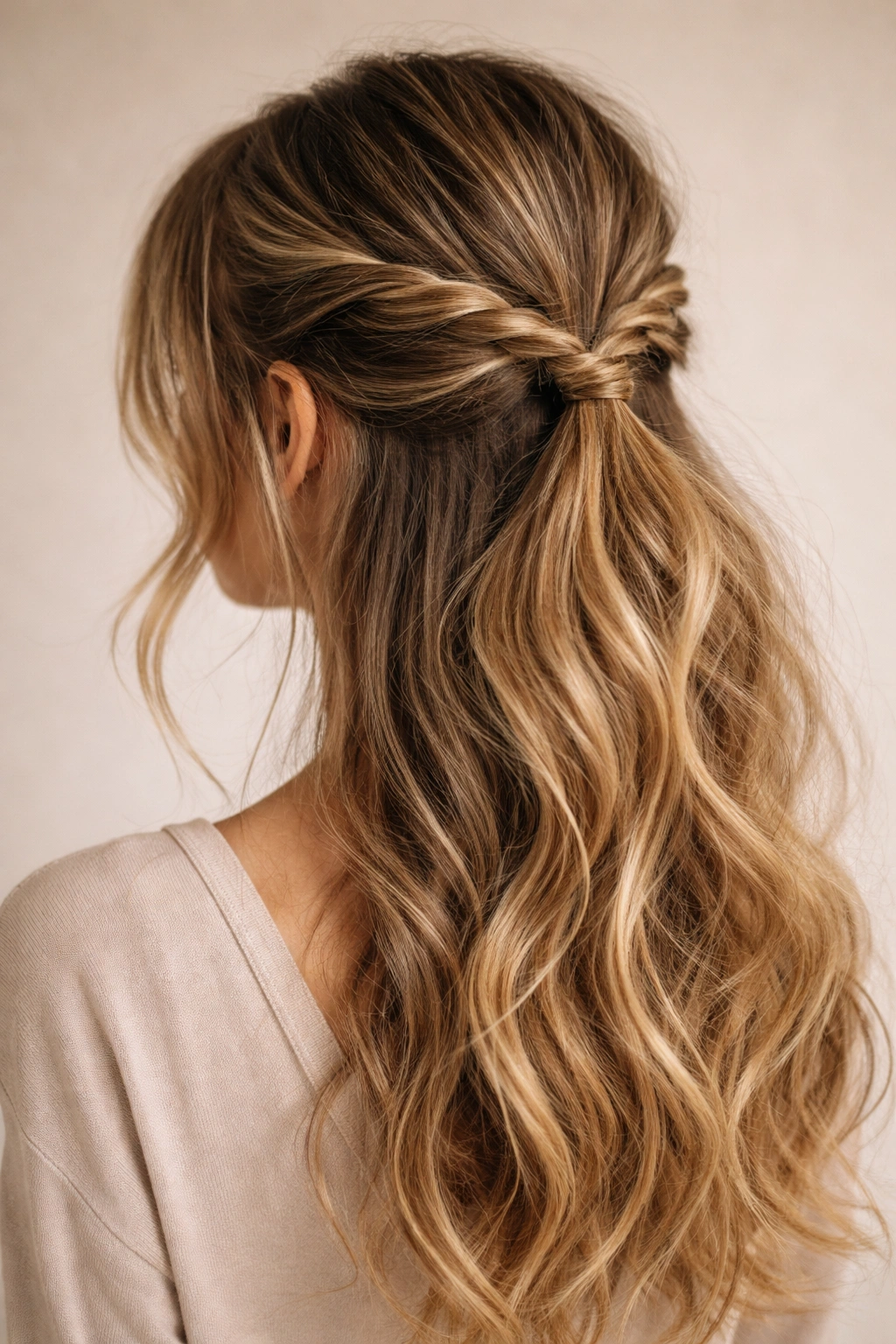 Close-up of rope twist half up ponytail showing twisted strands