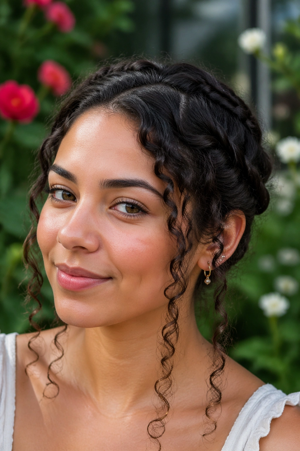 Close-up of a real woman with a rope-twist halo and left-out ends.