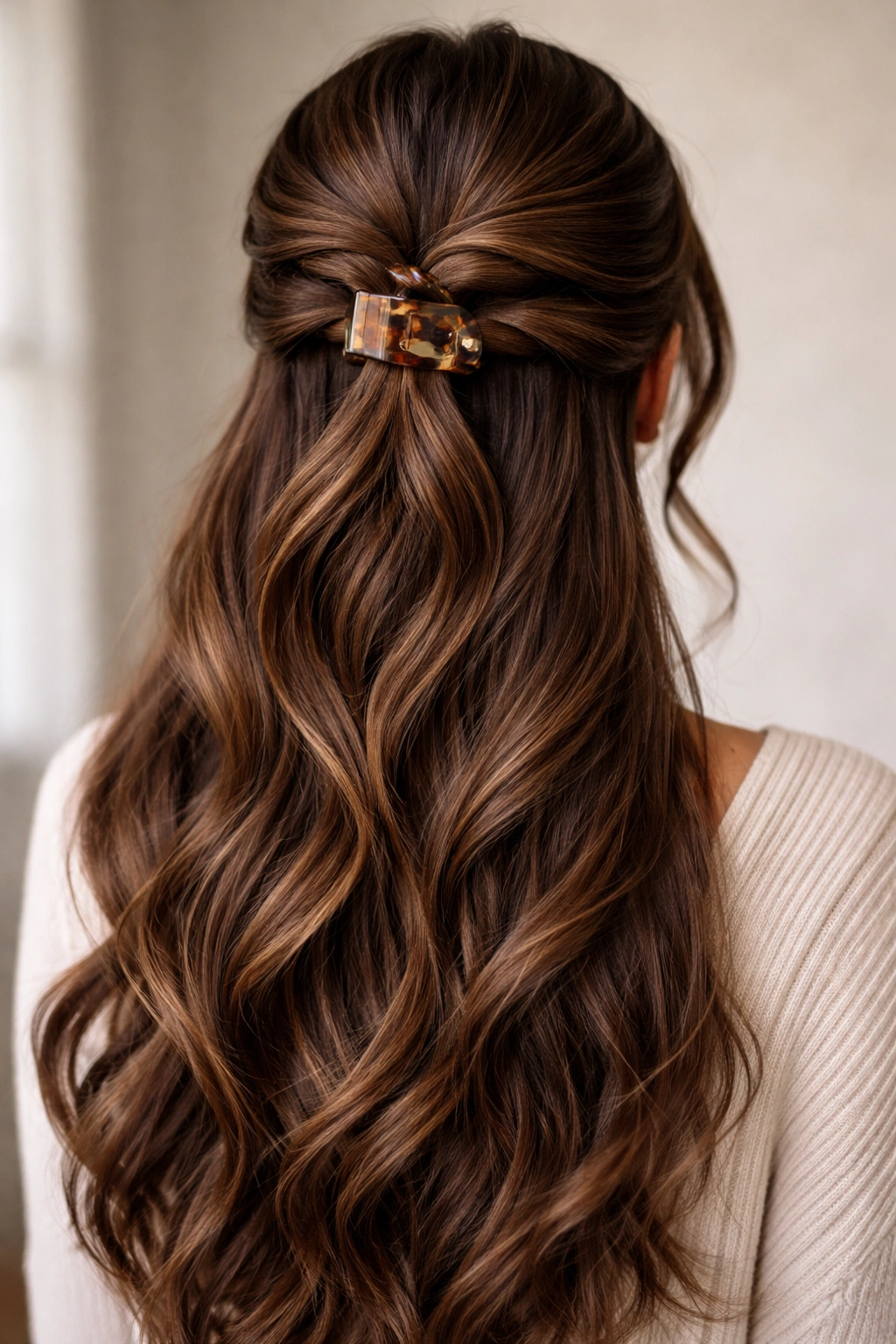 Back view of rope twists securing heavy hair with clip