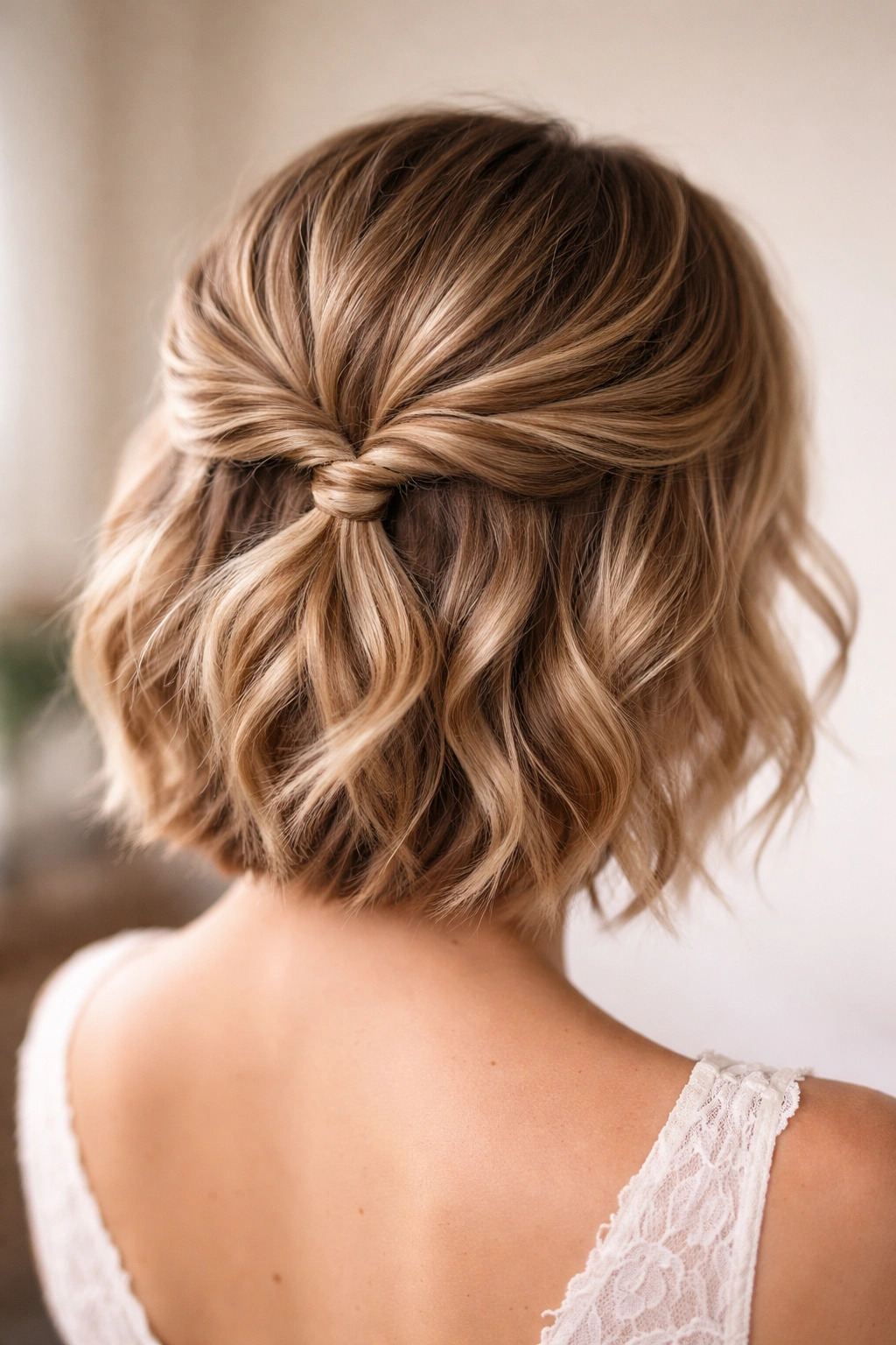 Back view of a rope-twist knot on top of short hair with loose sides
