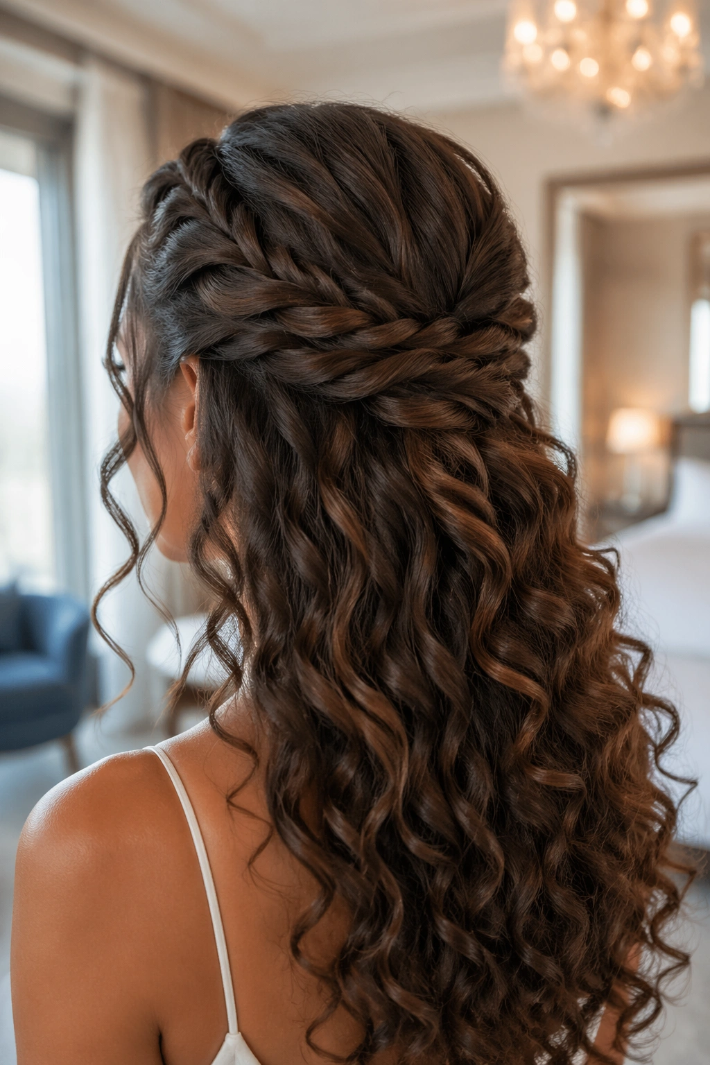 Close-up of real bride with rope twist half-up for long curls