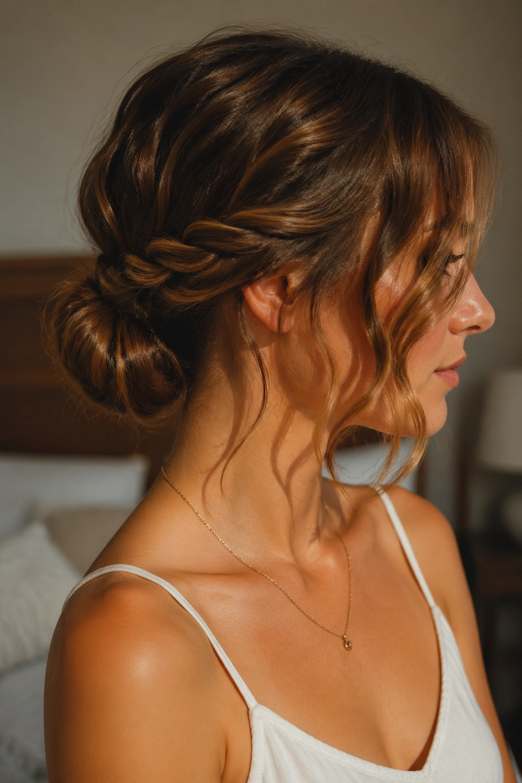 Close-up portrait of a real woman with a rope-twist low bun on shoulder-length wavy hair in warm window light