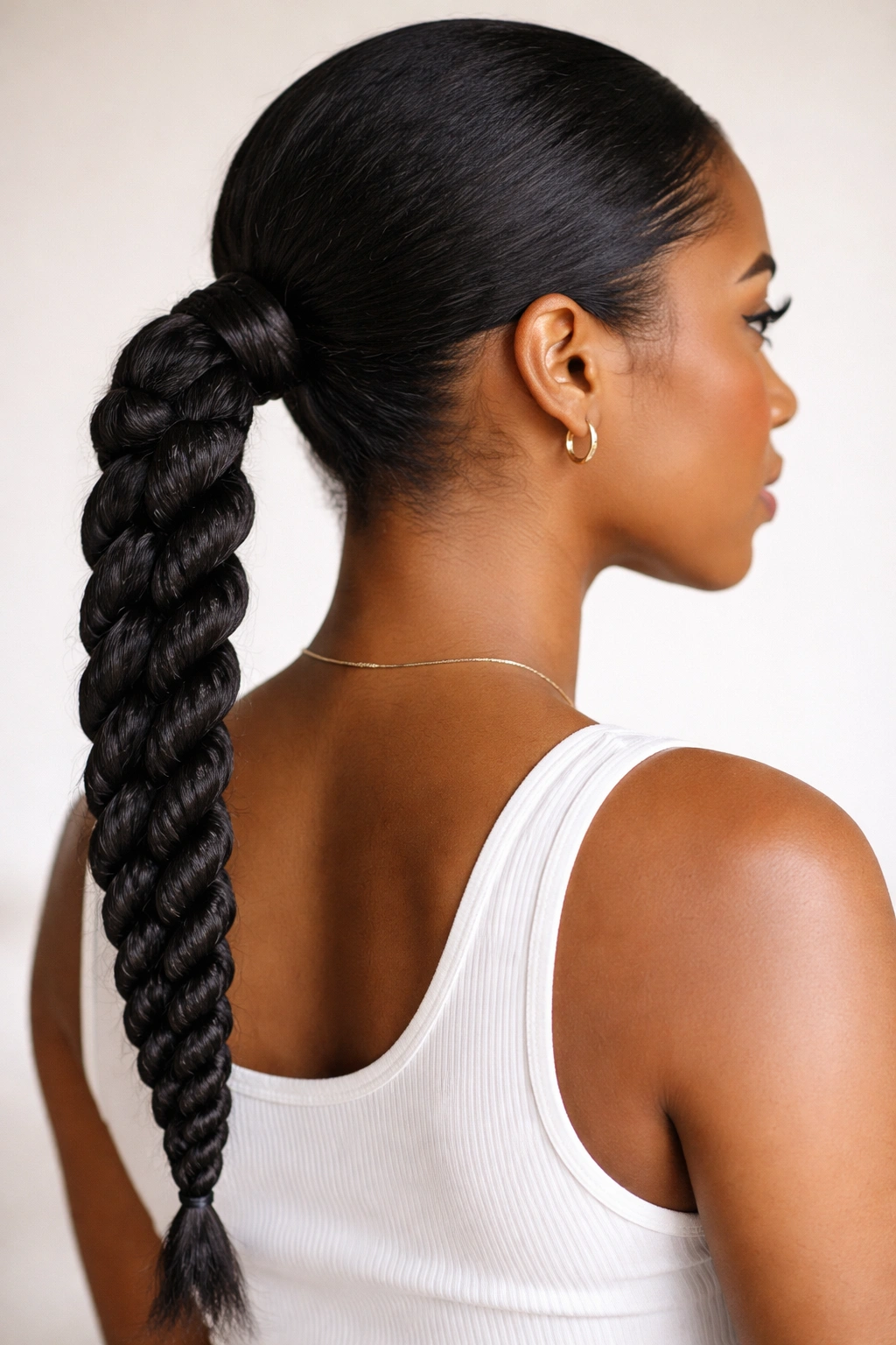 Rope-twist low ponytail with dense, spiral twists along the length
