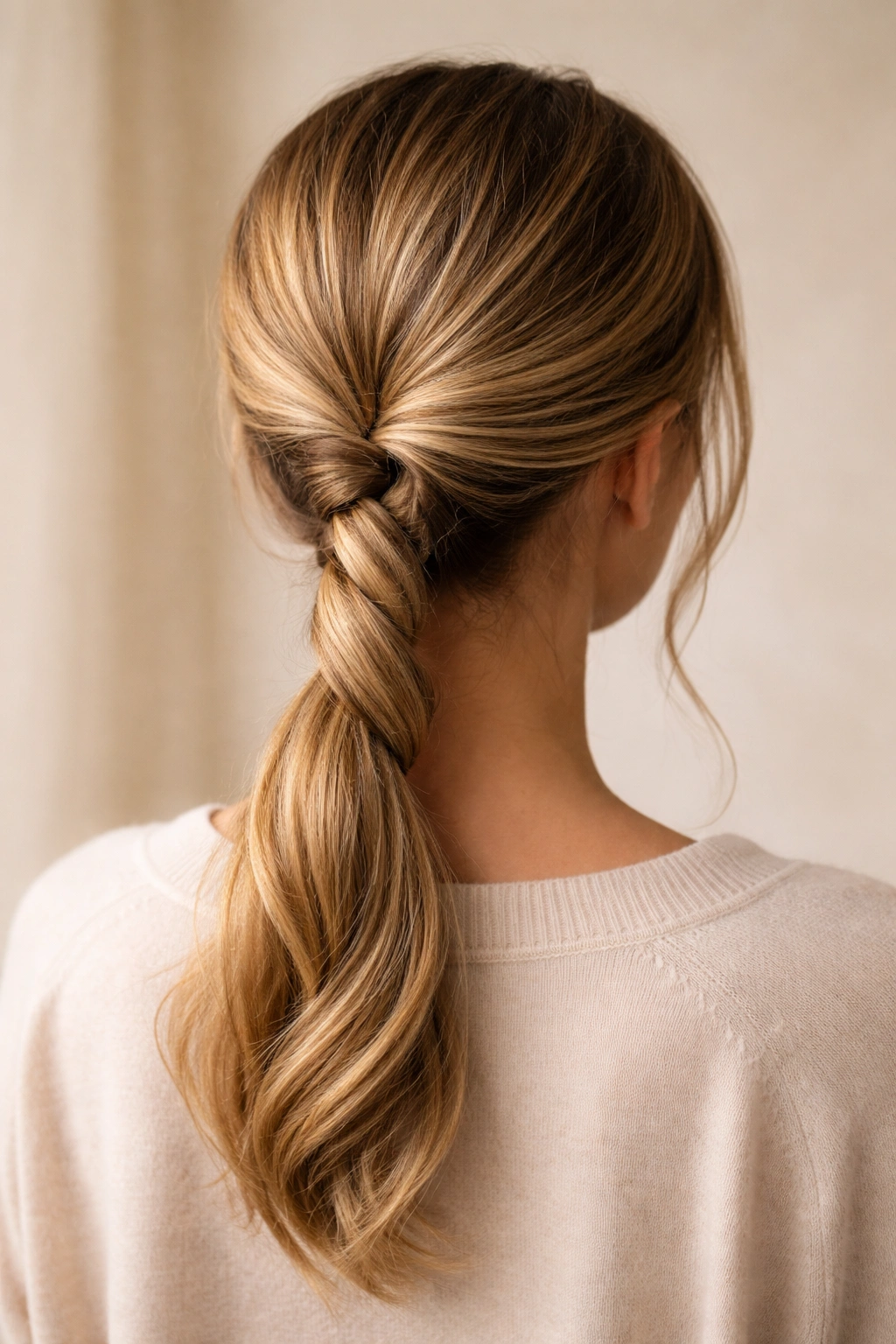 Back view of rope-twist low ponytail with rope texture