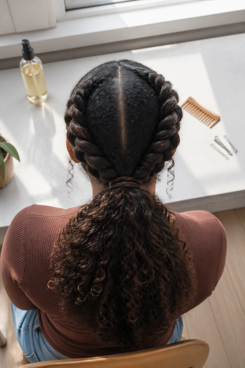 Top-down view of rope-twist mid ponytail with styling tools.