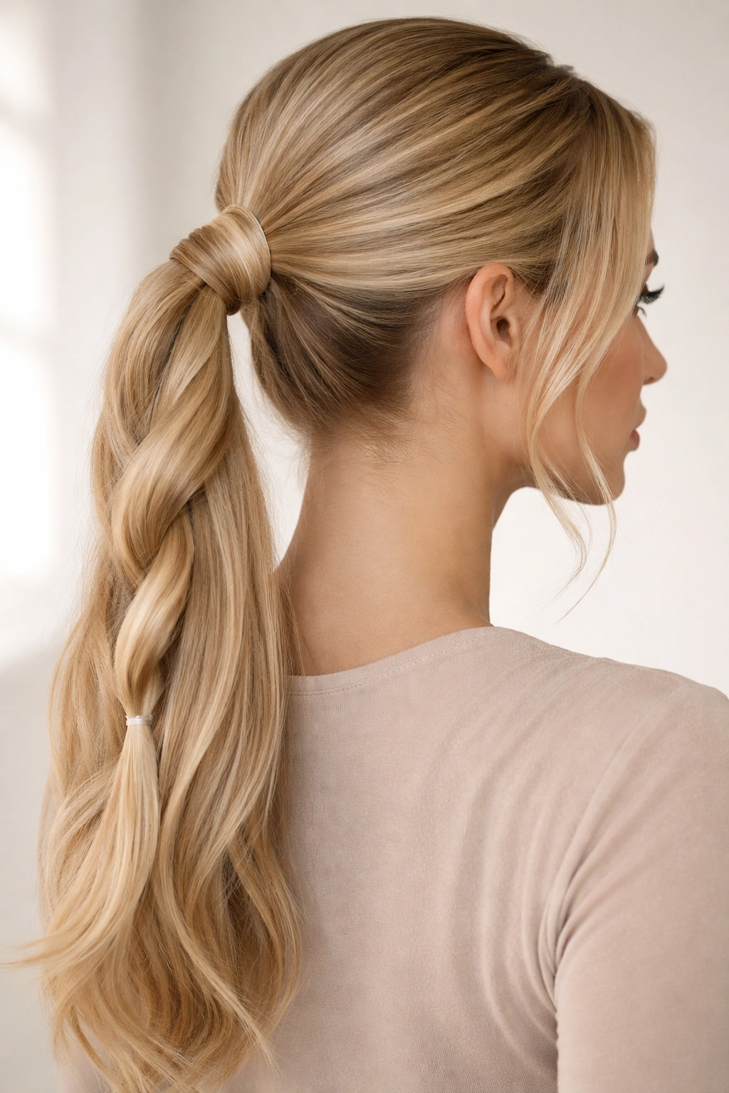 Blonde rope-twisted ponytail with two twisted sections secured at the back