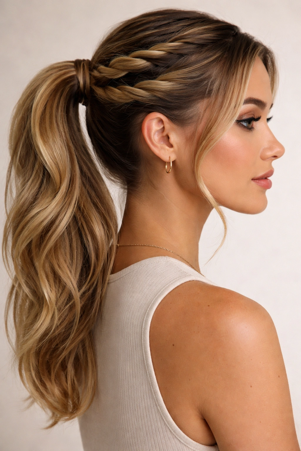 Rope-twist double weave ponytail with front twists leading into a thick ponytail