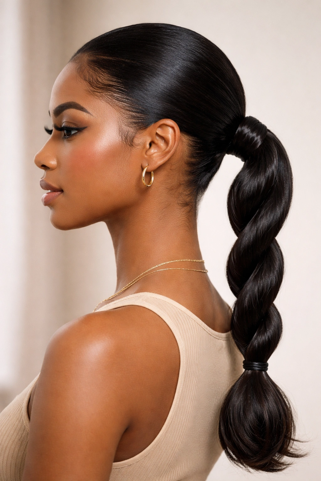 Rope-twist low ponytail with unified twists and neat wrap.