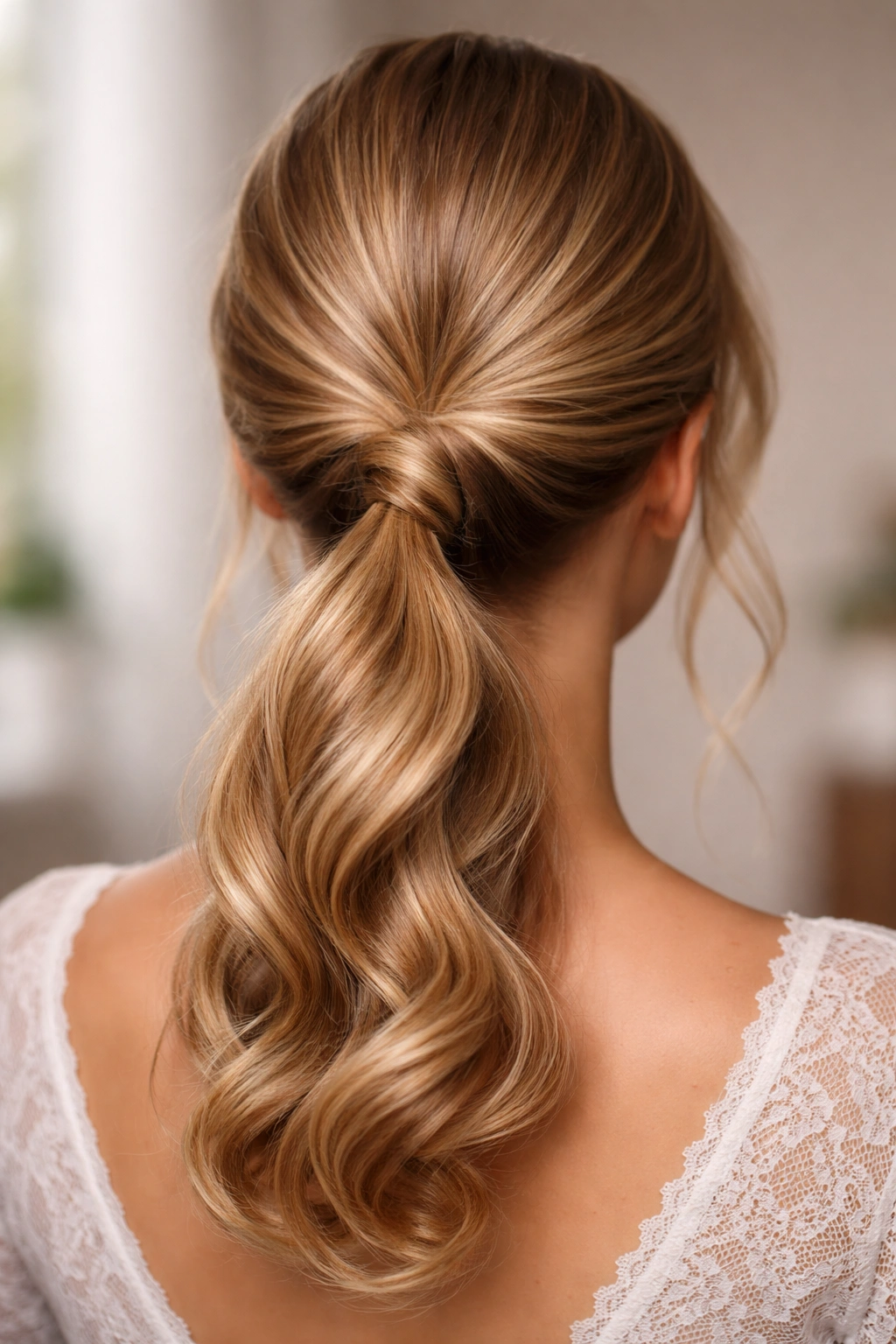 Dense rope-twist low ponytail at the nape with rope-like texture