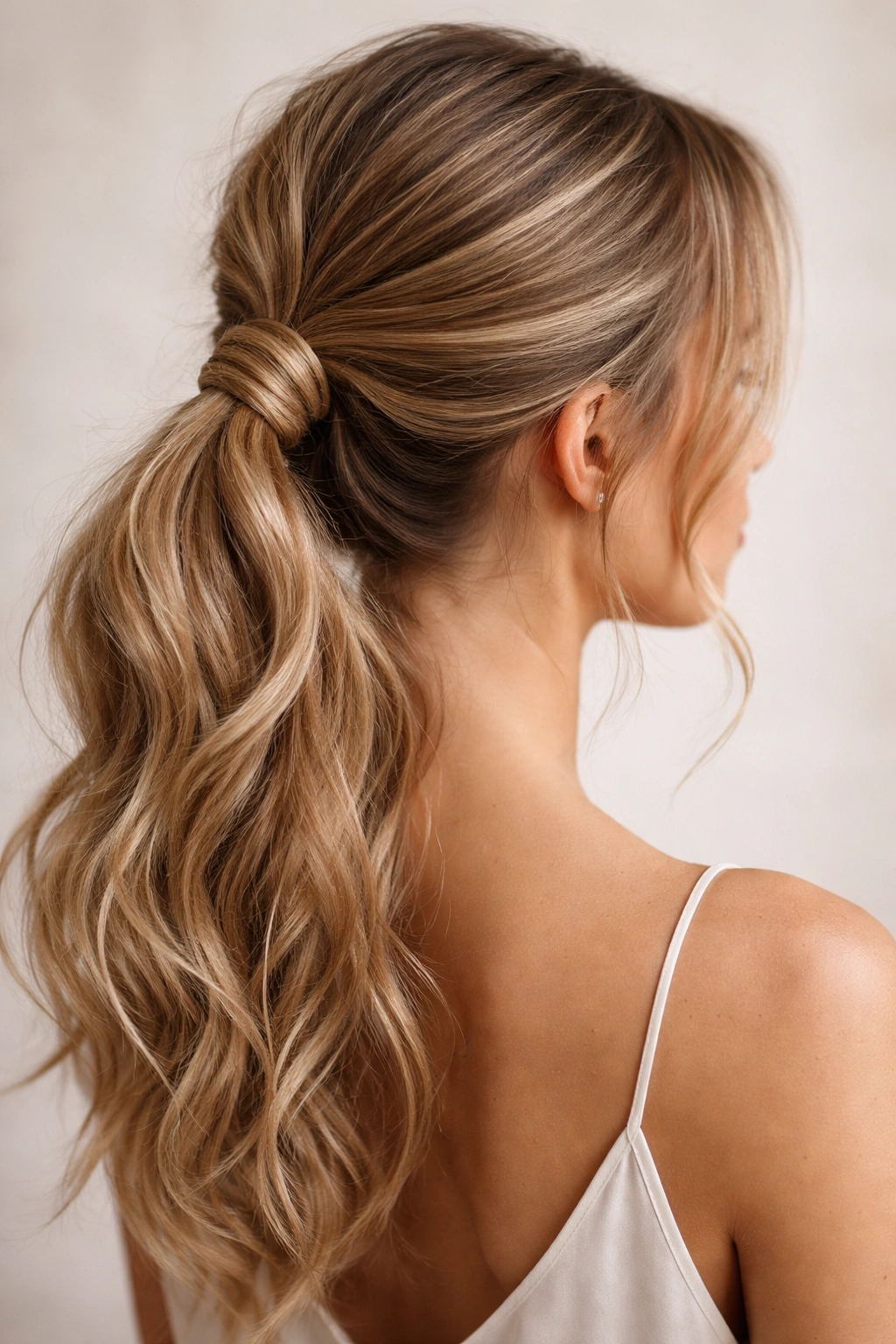 Close-up of rope-twist wrapped ponytail with flat wrap at base