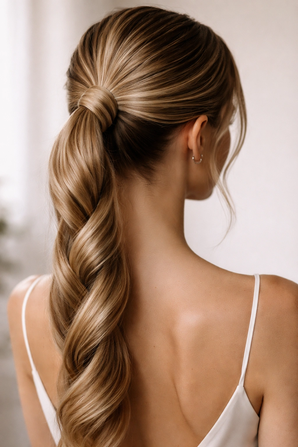 Rope-twisted ponytail with a tight spiral