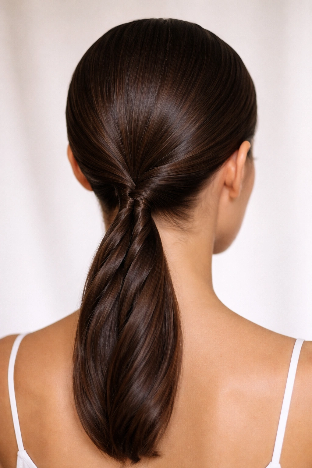 Rope-twist ponytail with two twists into a neat low ponytail