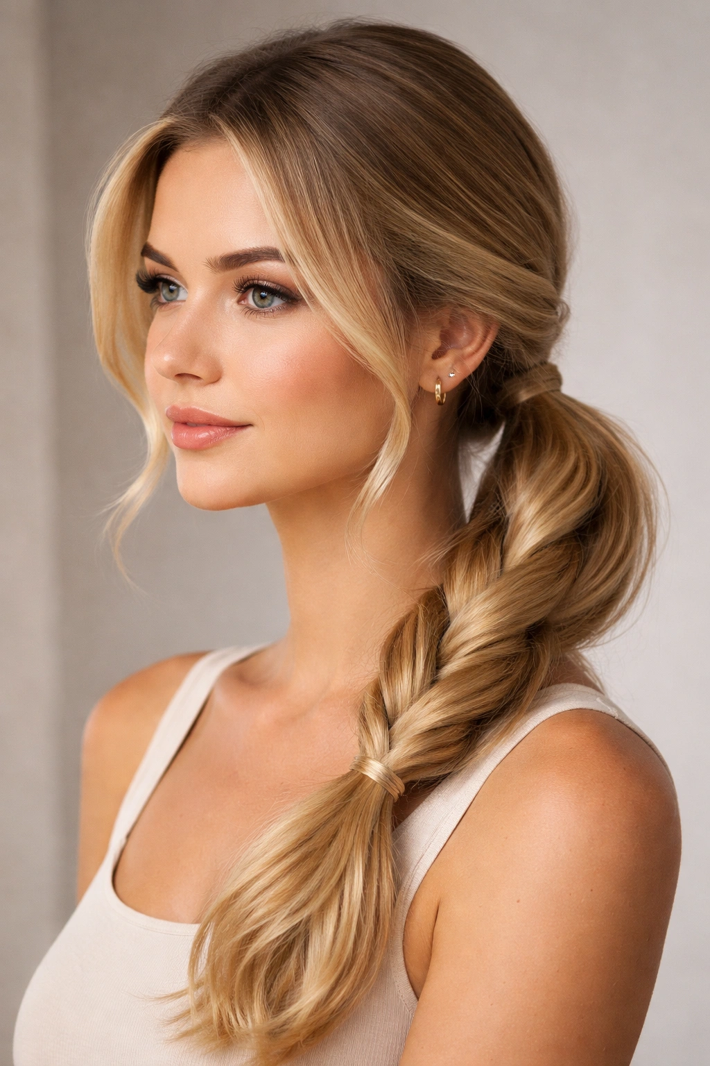 Rope twist side ponytail with two twisted strands wrapped together