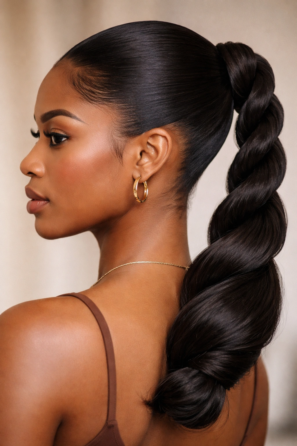 Rope-twist ponytail with tucked base and smooth shine