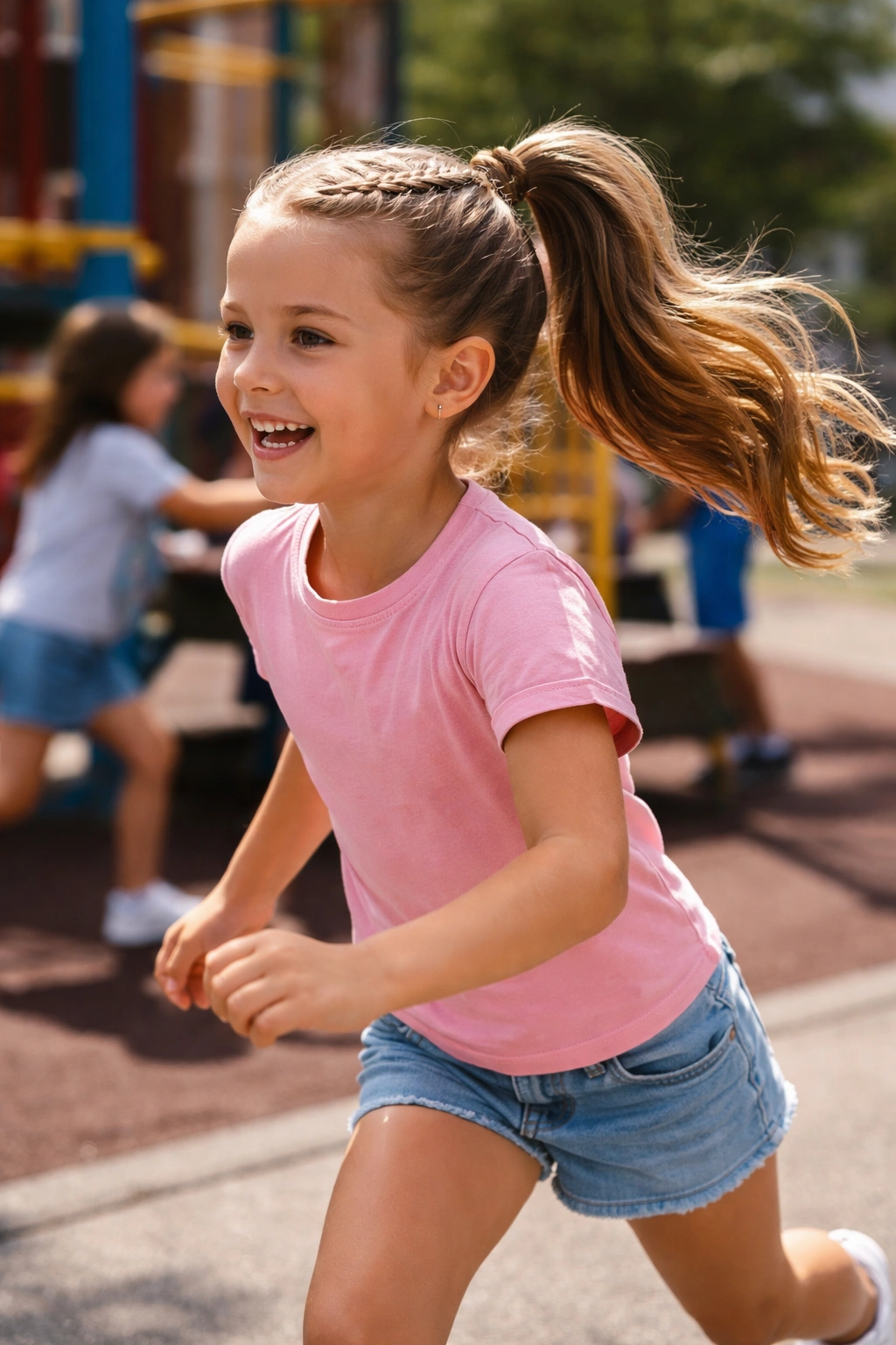 Action candid of rope-twist high ponytail in motion