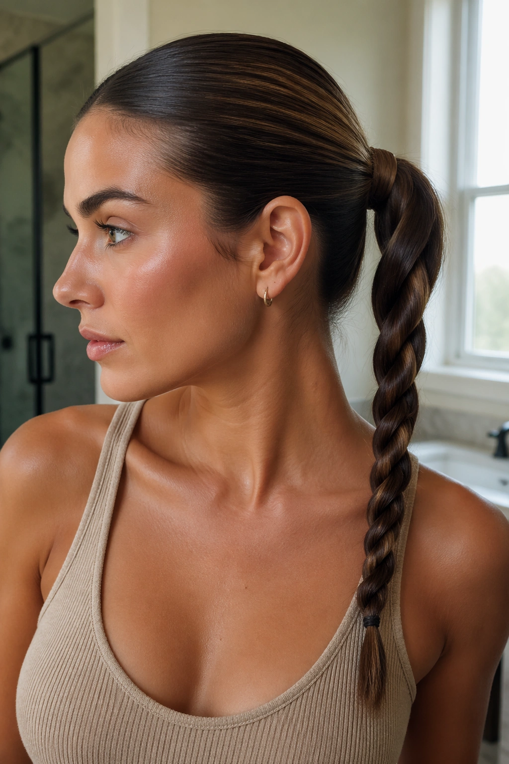 Close-up of a real woman with a rope twist mid ponytail