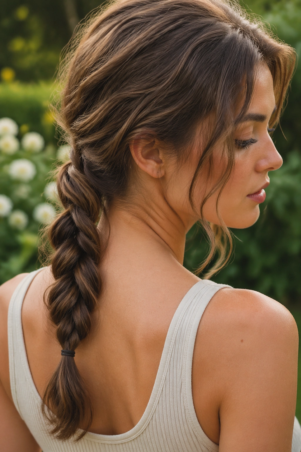 Close-up of a real woman with a rope-twist ponytail in an outdoor garden