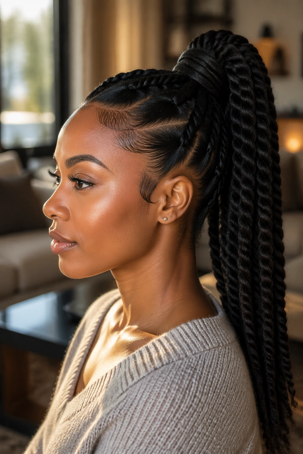 Close-up of a woman with a rope-twist ponytail and even 1-2 inch twists in natural window light