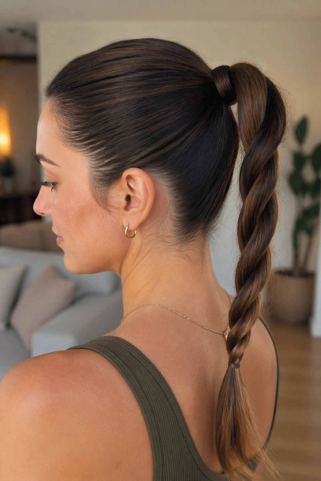 Close-up of real woman with rope-twist ponytail