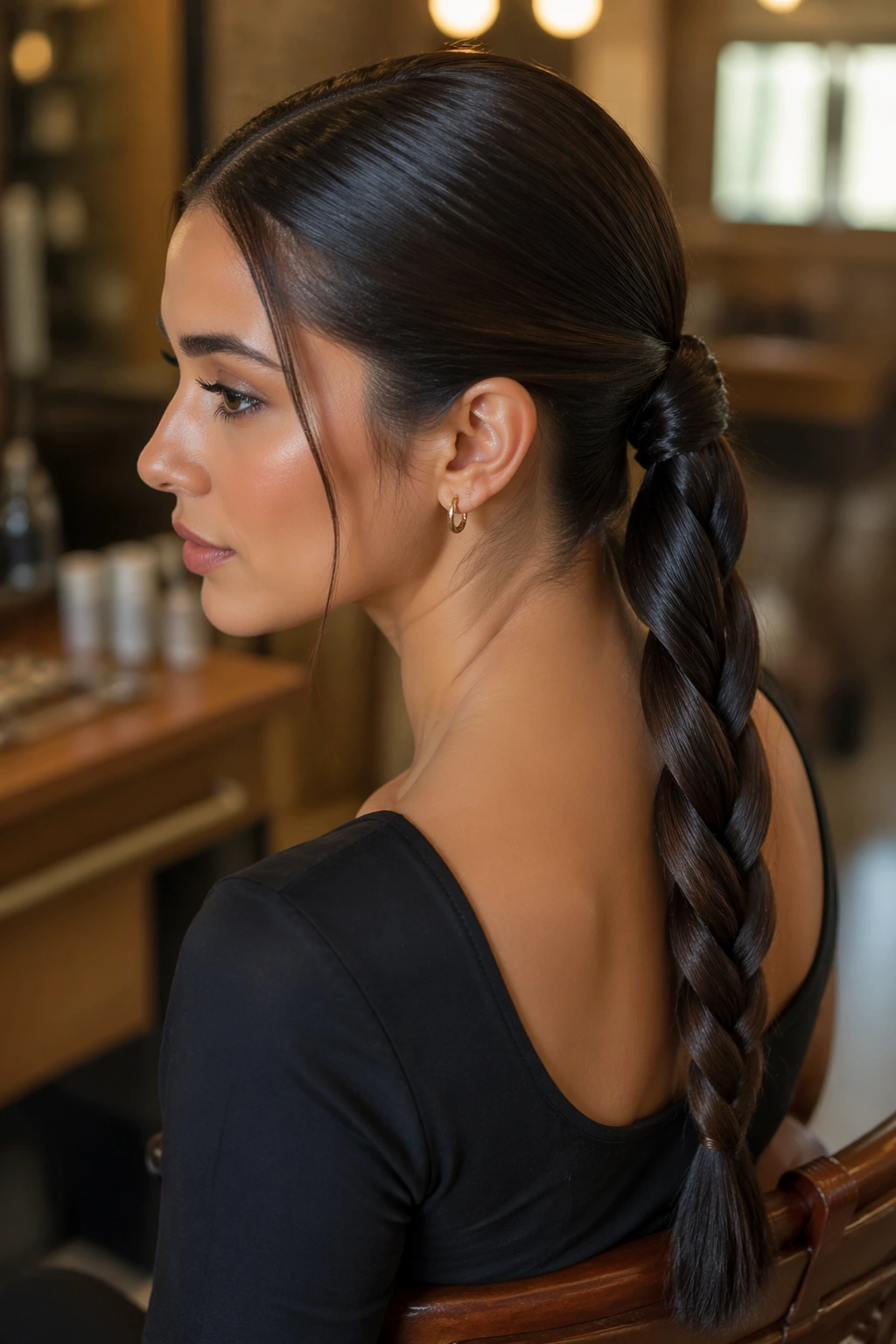Close-up of a real woman with a rope-twisted ponytail at the nape in warm salon light