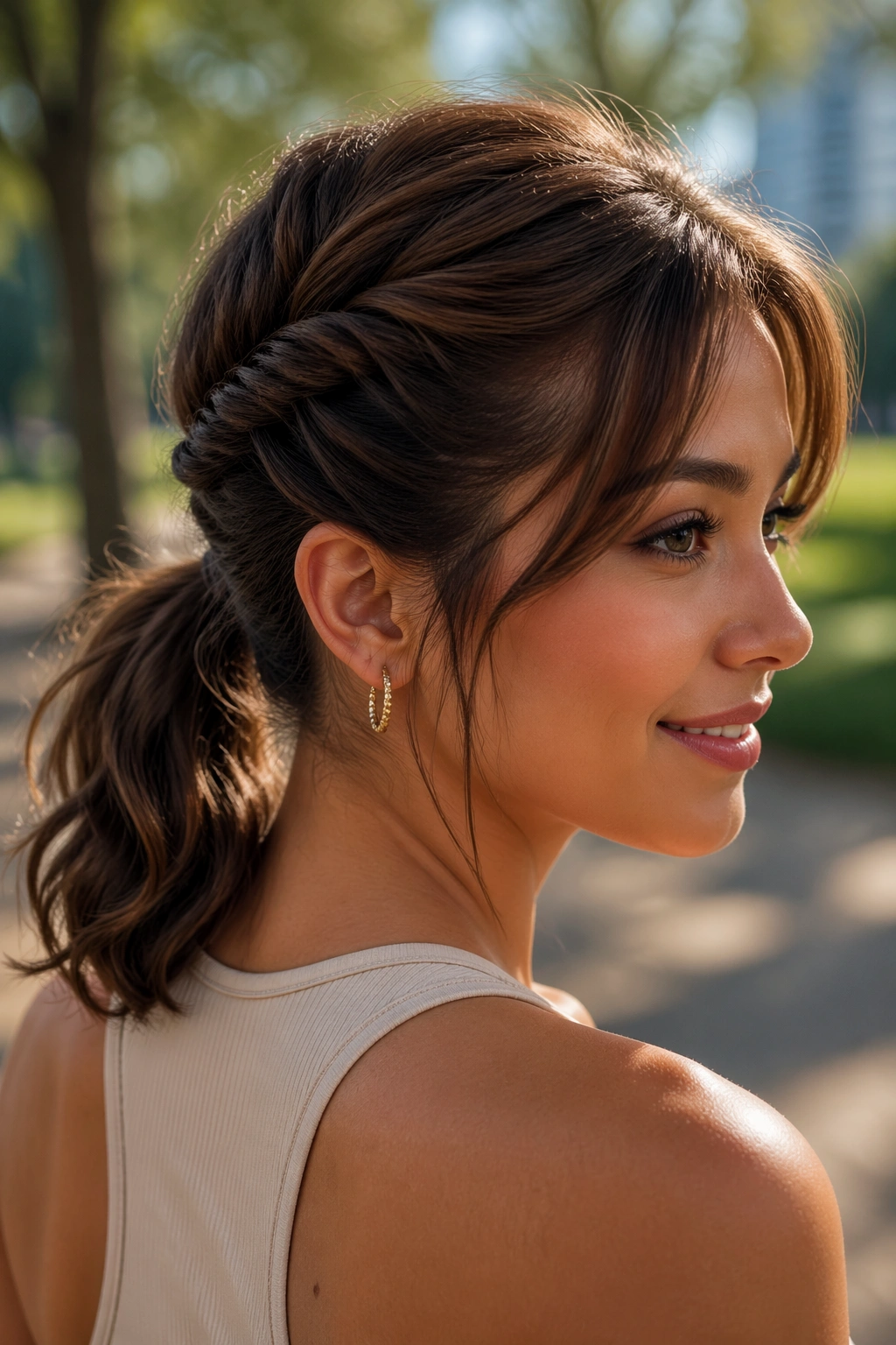 Close-up portrait of a real woman with rope-twist ponytail twisting away from her face