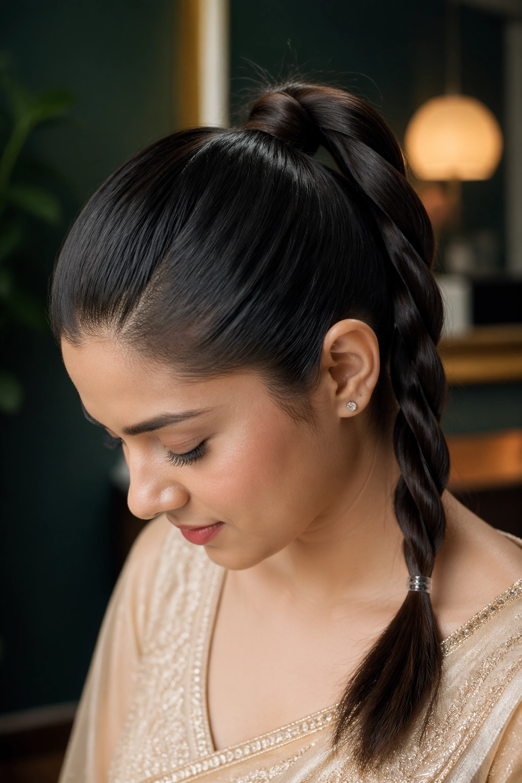 Real woman with rope-twist high ponytail showing the intertwined twists.