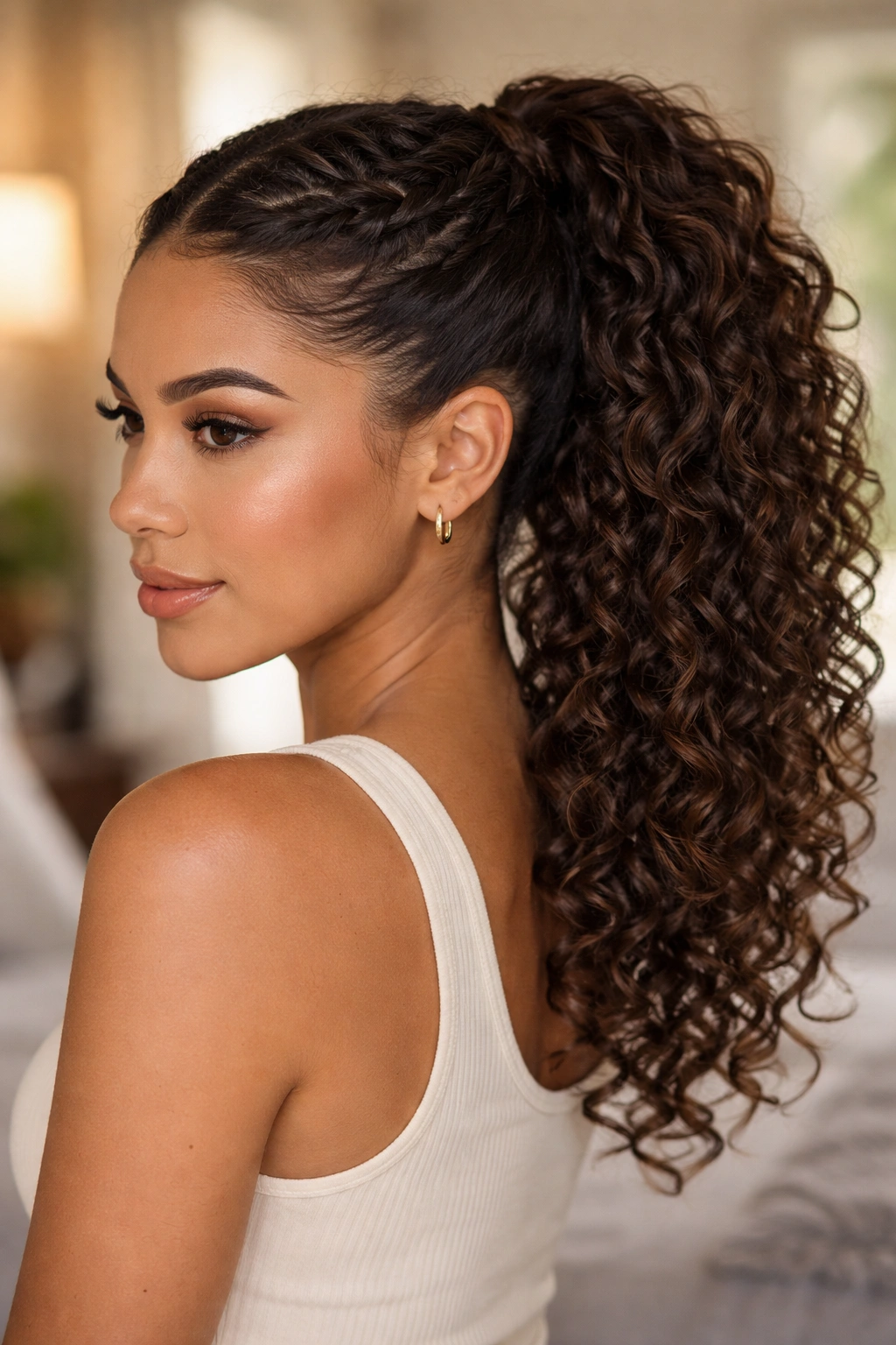 Profile of a real woman with rope-twist ponytail showing front twists