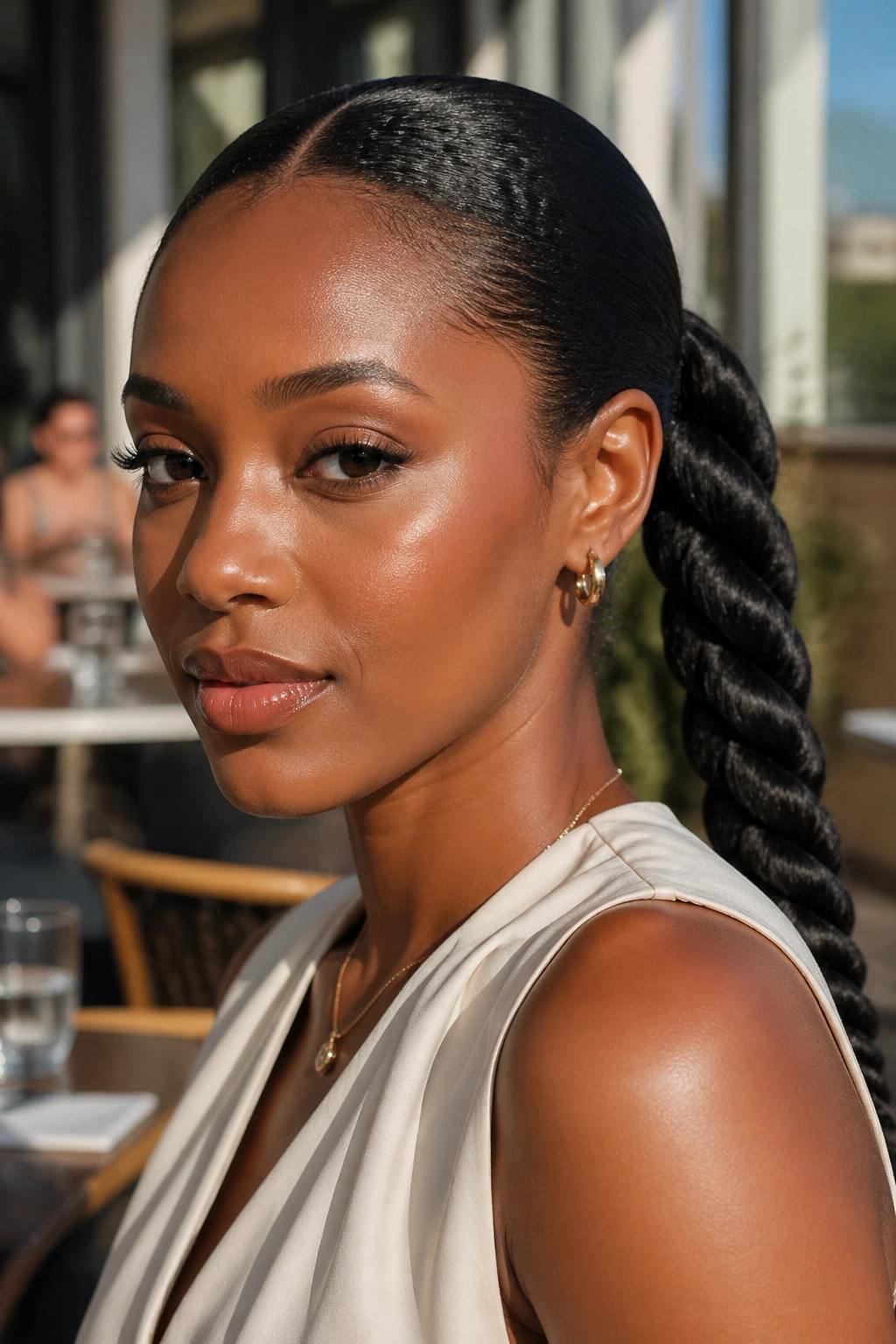 Real Black woman with rope-twist middle part ponytail