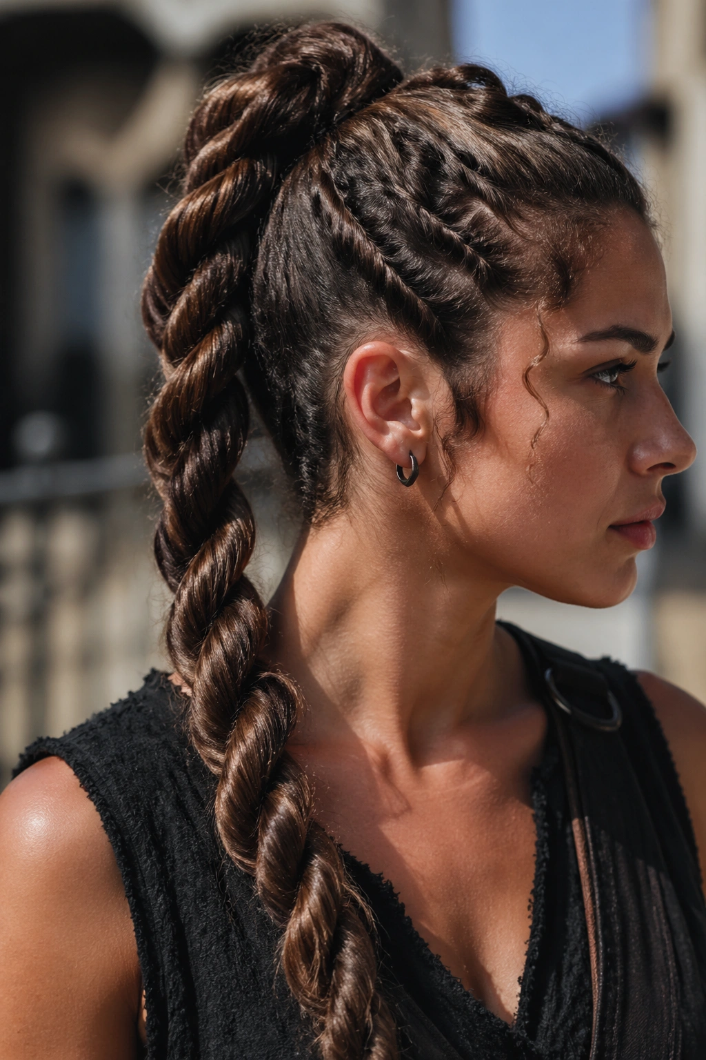 Close-up of a real person with a rope-twist ponytail hairstyle