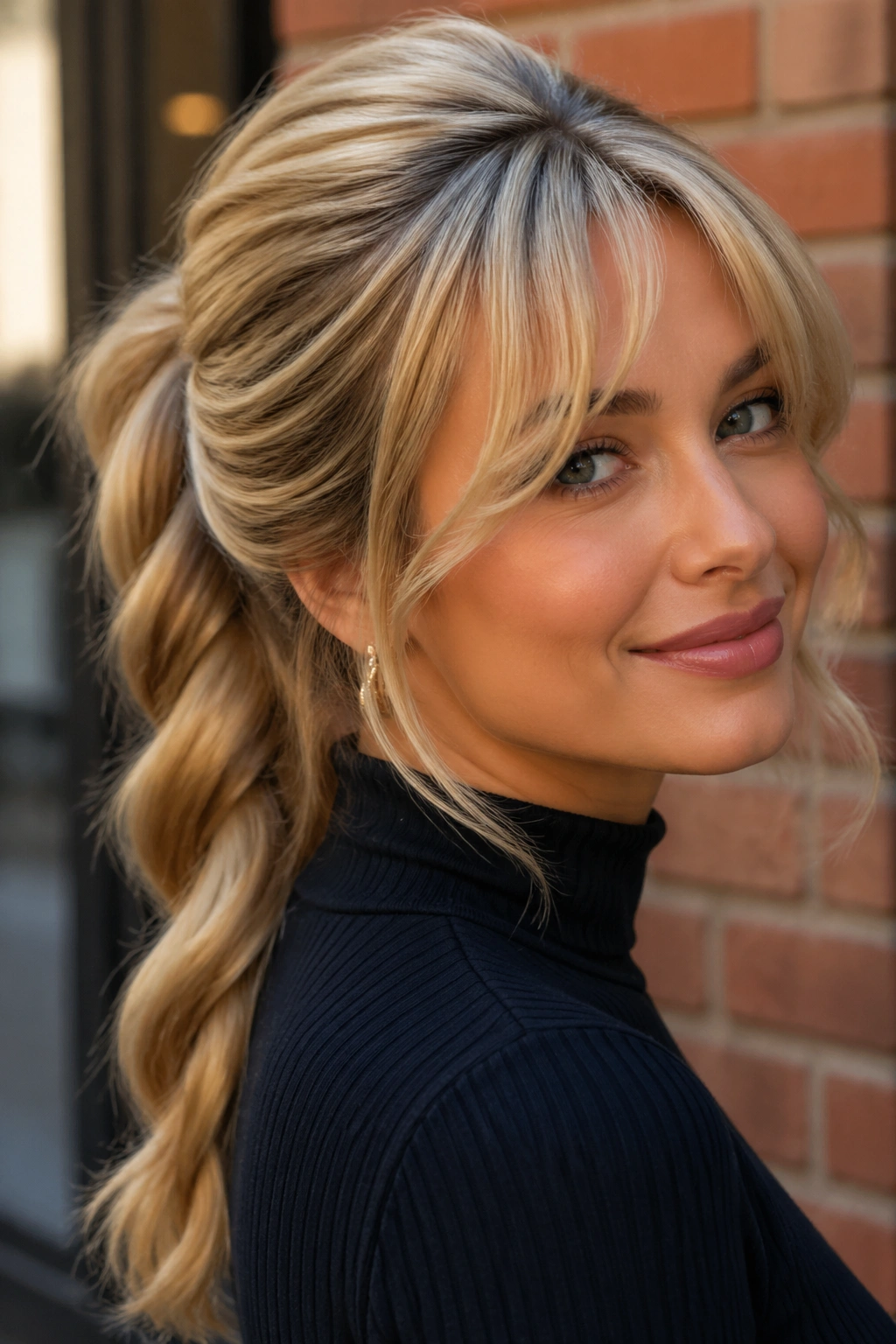 Real woman with rope twist ponytail and arched bangs on a city street.