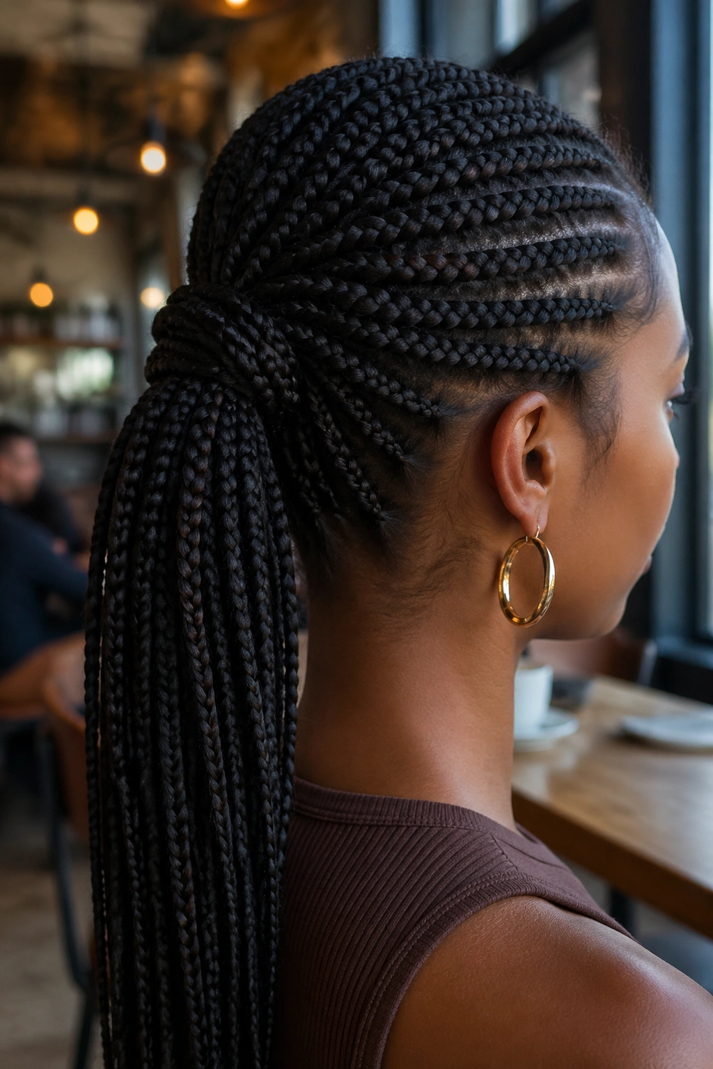 Portrait of a real person with a two-strand rope twisted ponytail at the base.