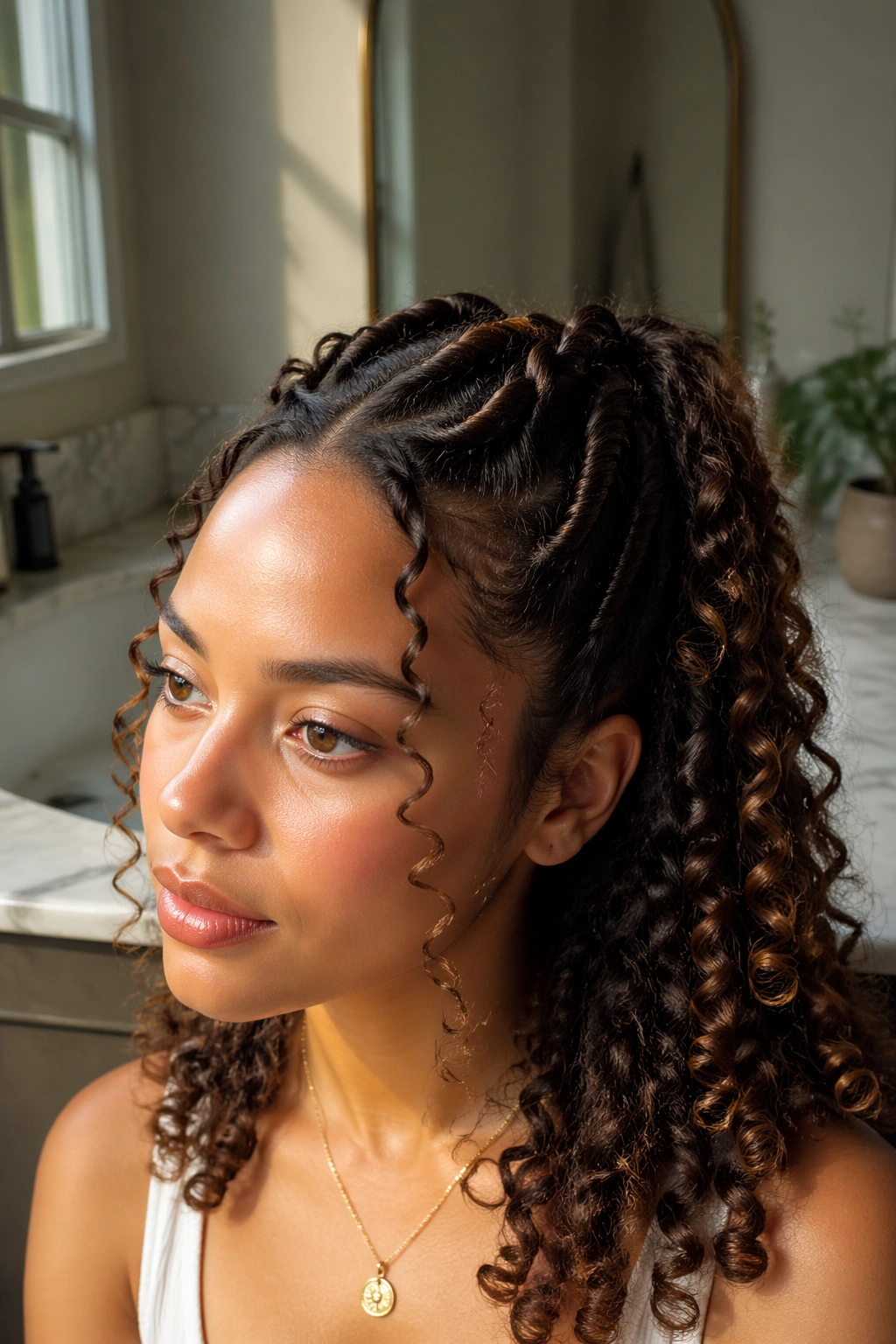 Close-up of a real woman's rope-twist half ponytail on curly hair