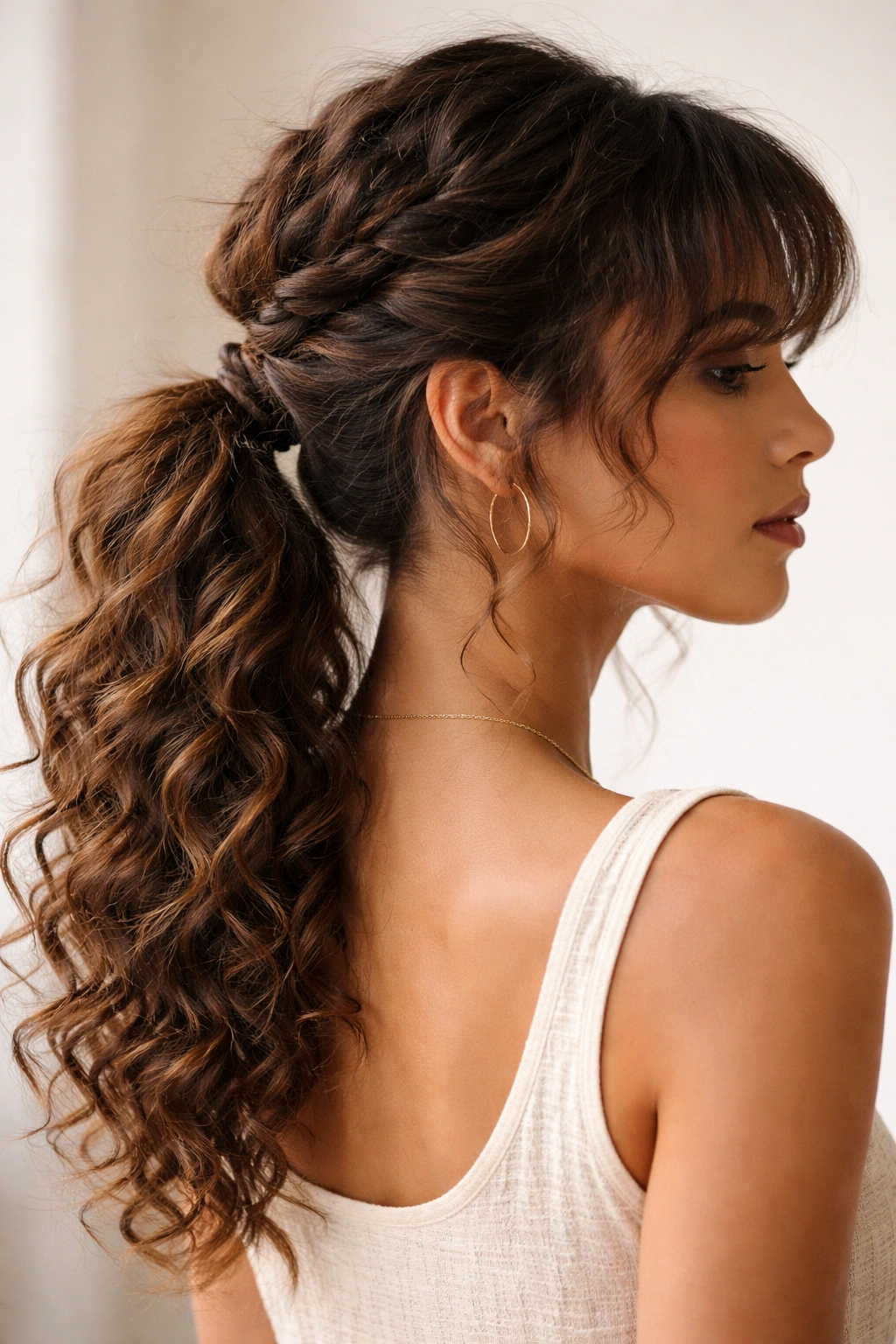 Close-up of rope twist ponytail on curly hair with two twisted sections wrapped into a ponytail