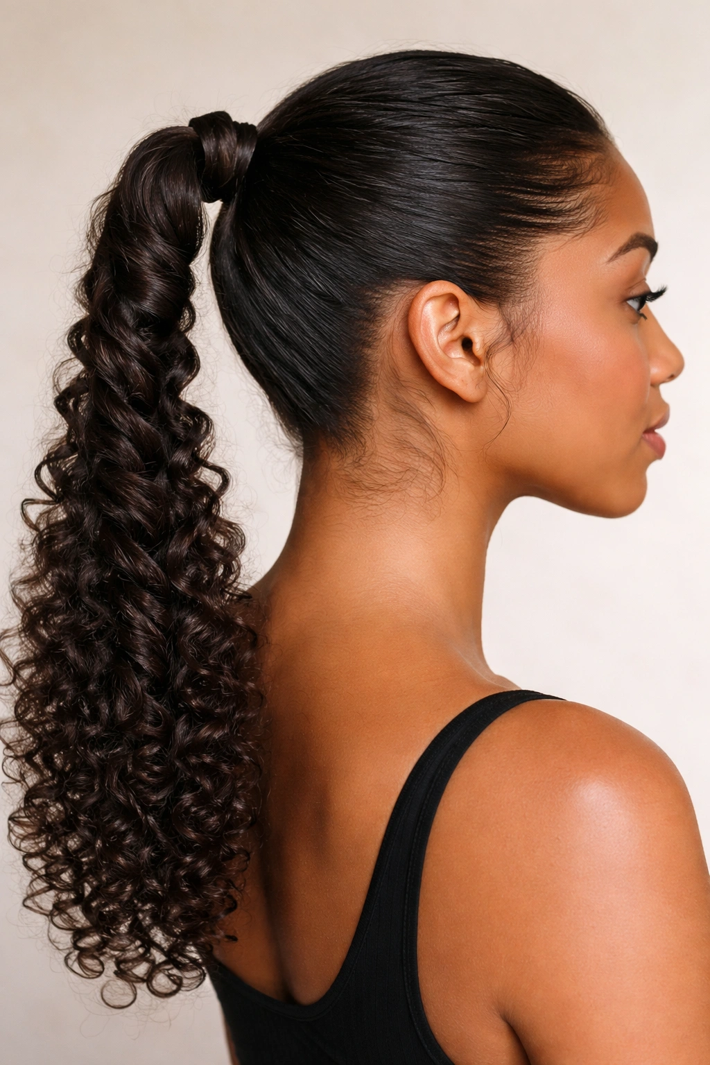 Rope-twist ponytail with spiral twist on curly hair