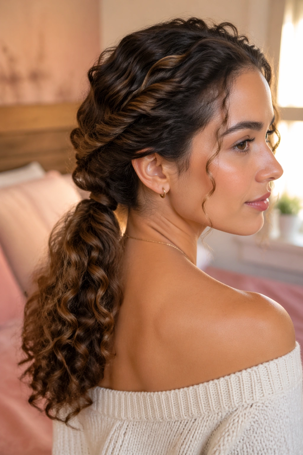 Close-up of a real woman with a rope-twist ponytail showing a rope-like spine at the back