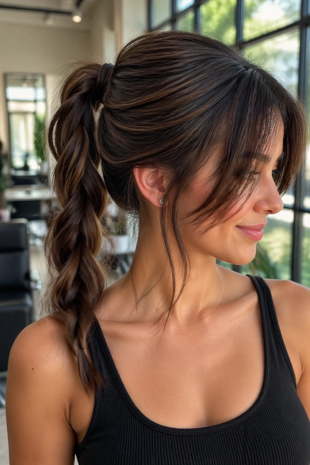 Close-up of a real woman with a rope twist ponytail and curtain fringe under natural daylight.