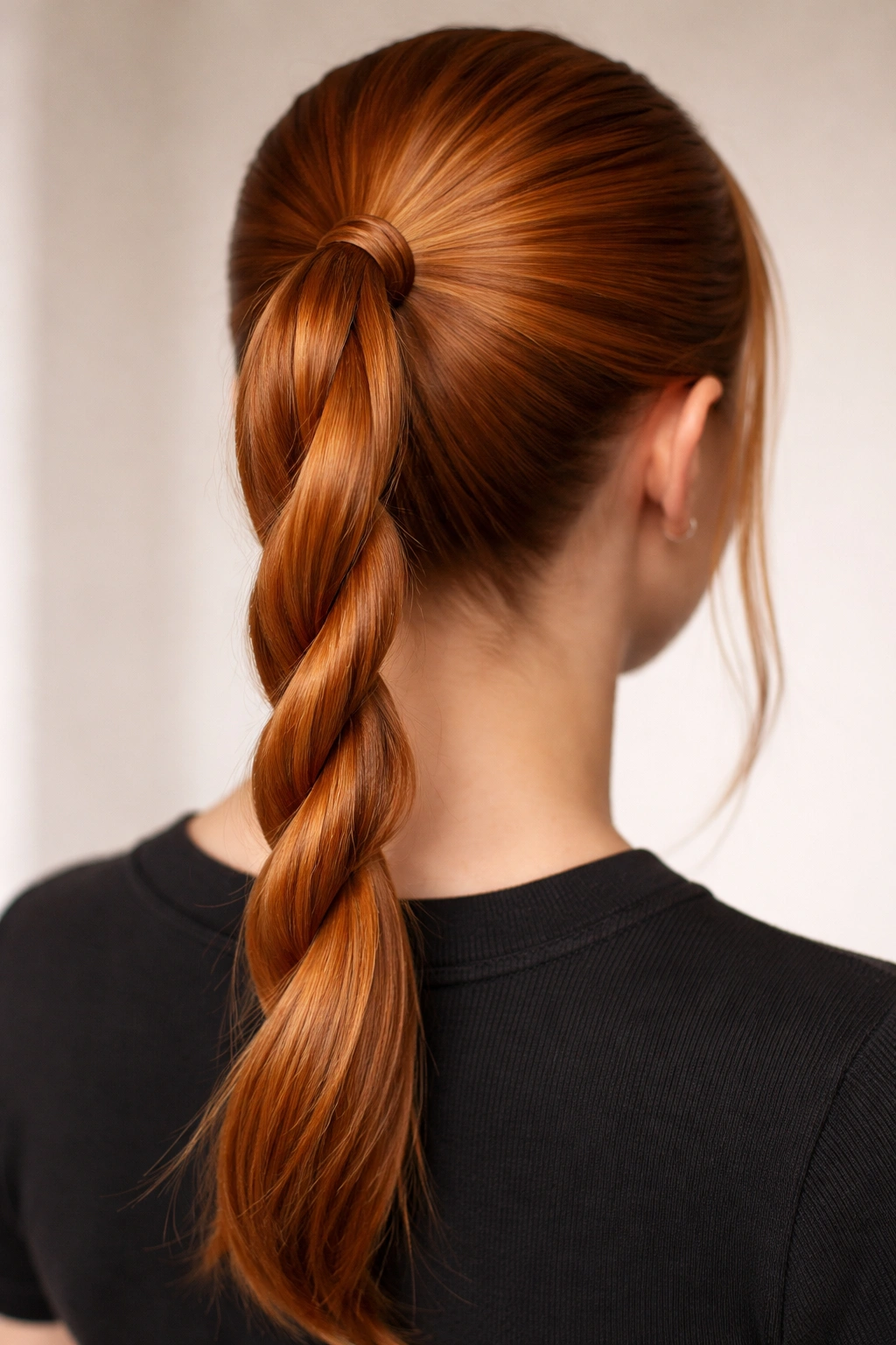 Close-up of a rope-twist ponytail with intertwined twists on ginger hair
