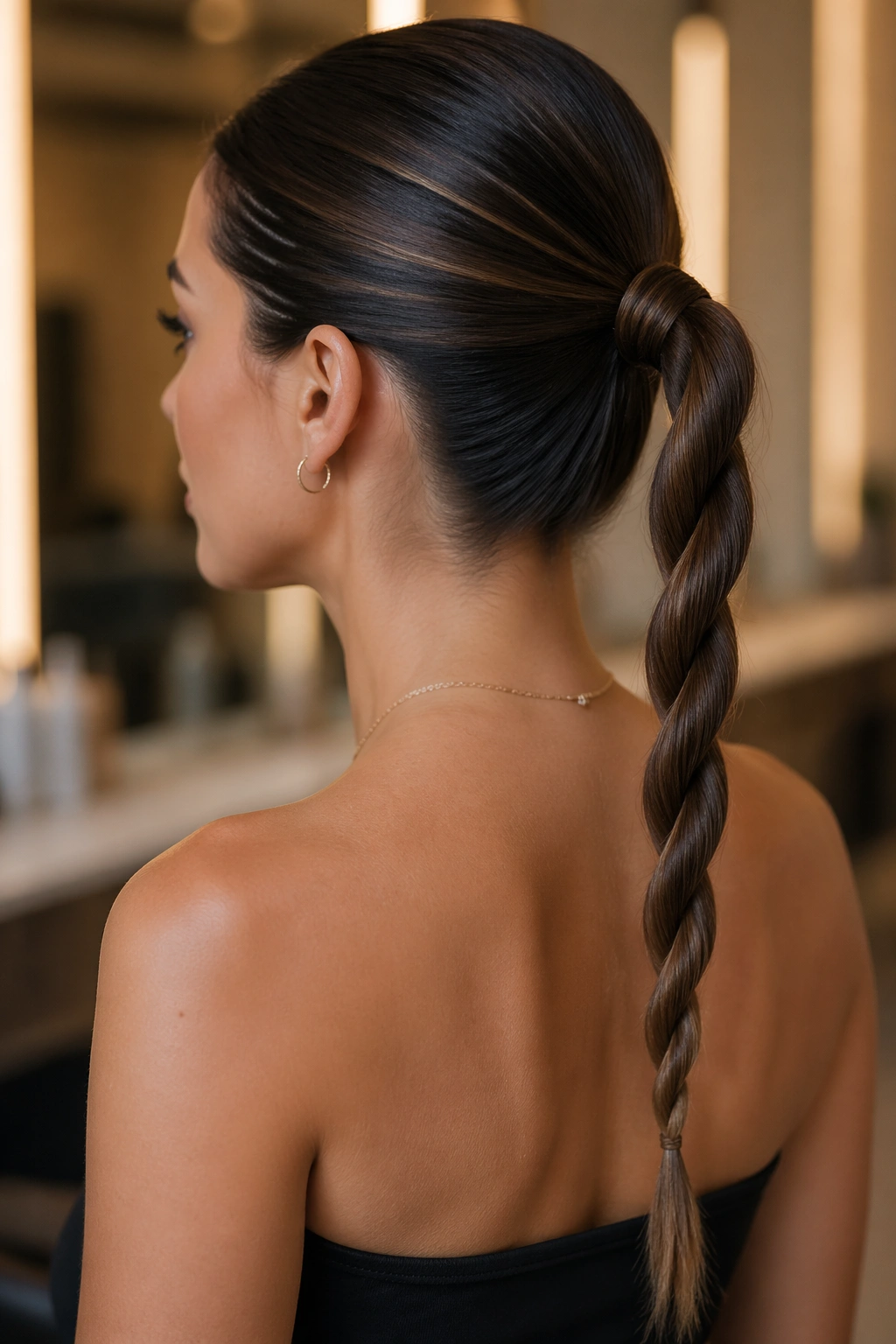 Close-up of a real woman with a rope-twist ponytail, showing two twisted sections forming a rope line under warm salon lighting.