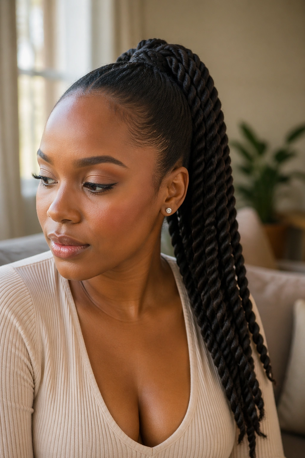 Real woman with rope-twist ponytail and invisible foundation in home setting