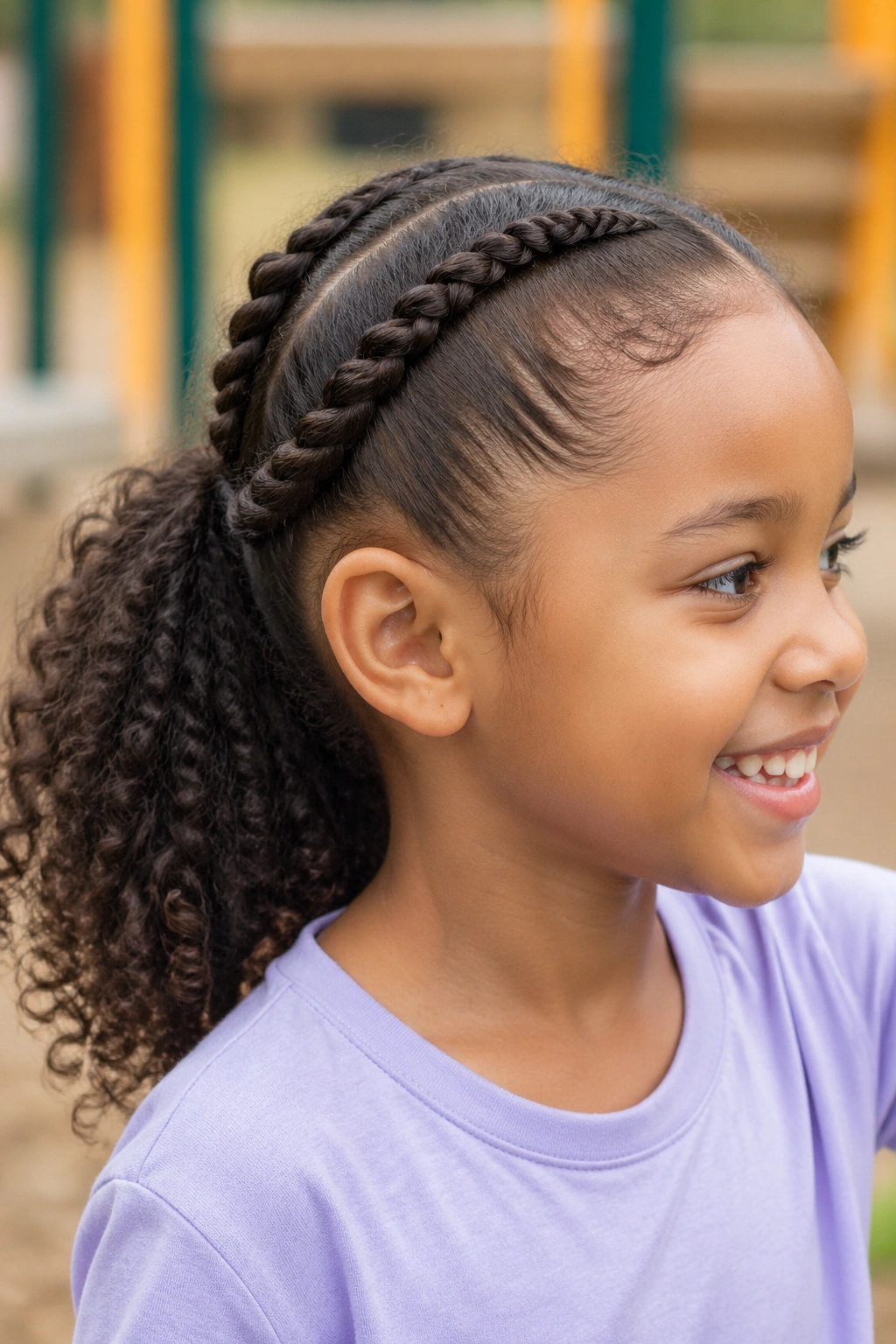 Close-up of a child with rope-twist ponytail hairstyle.
