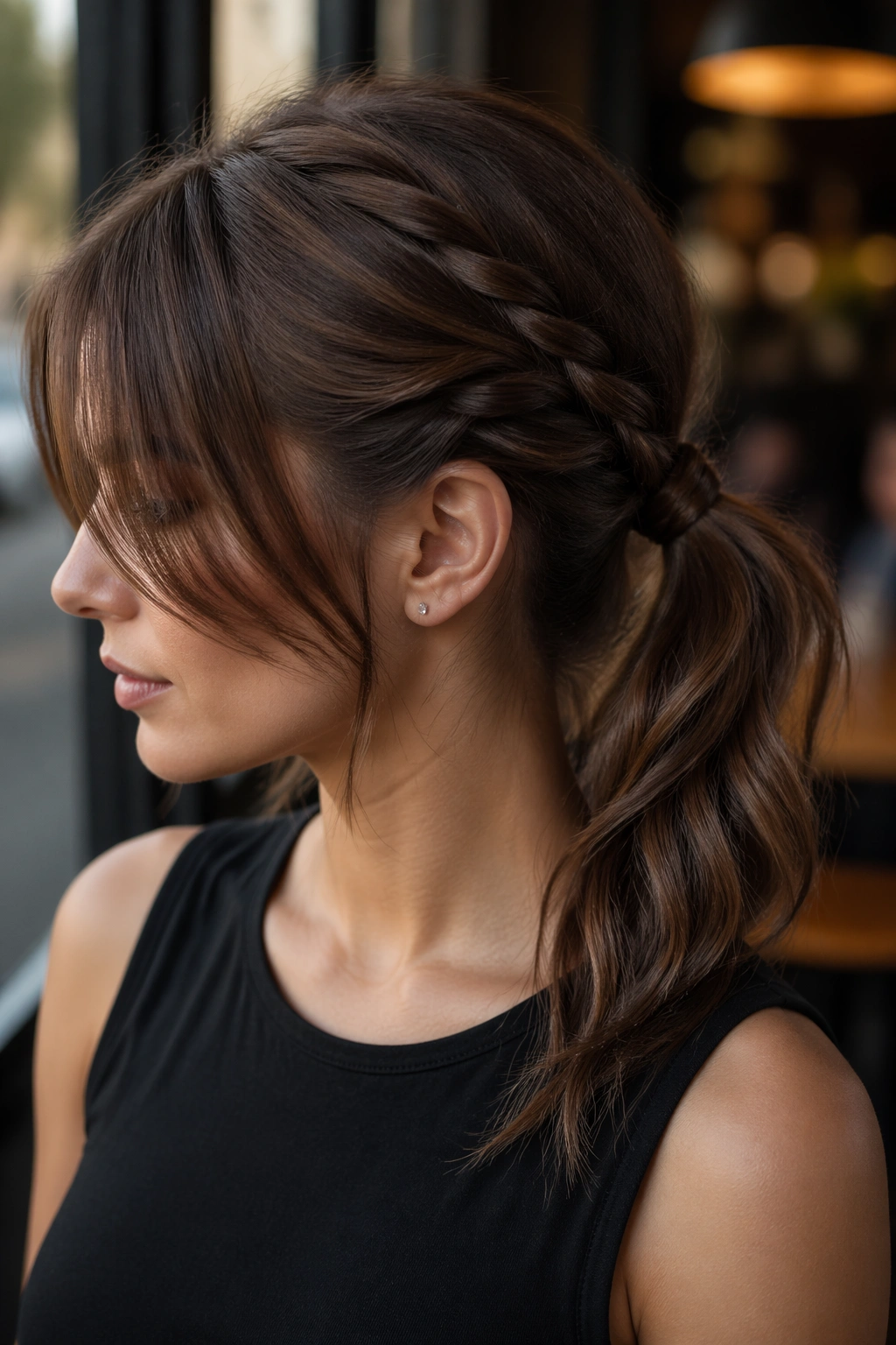 Real woman with rope-twist ponytail and long bangs in cafe window light
